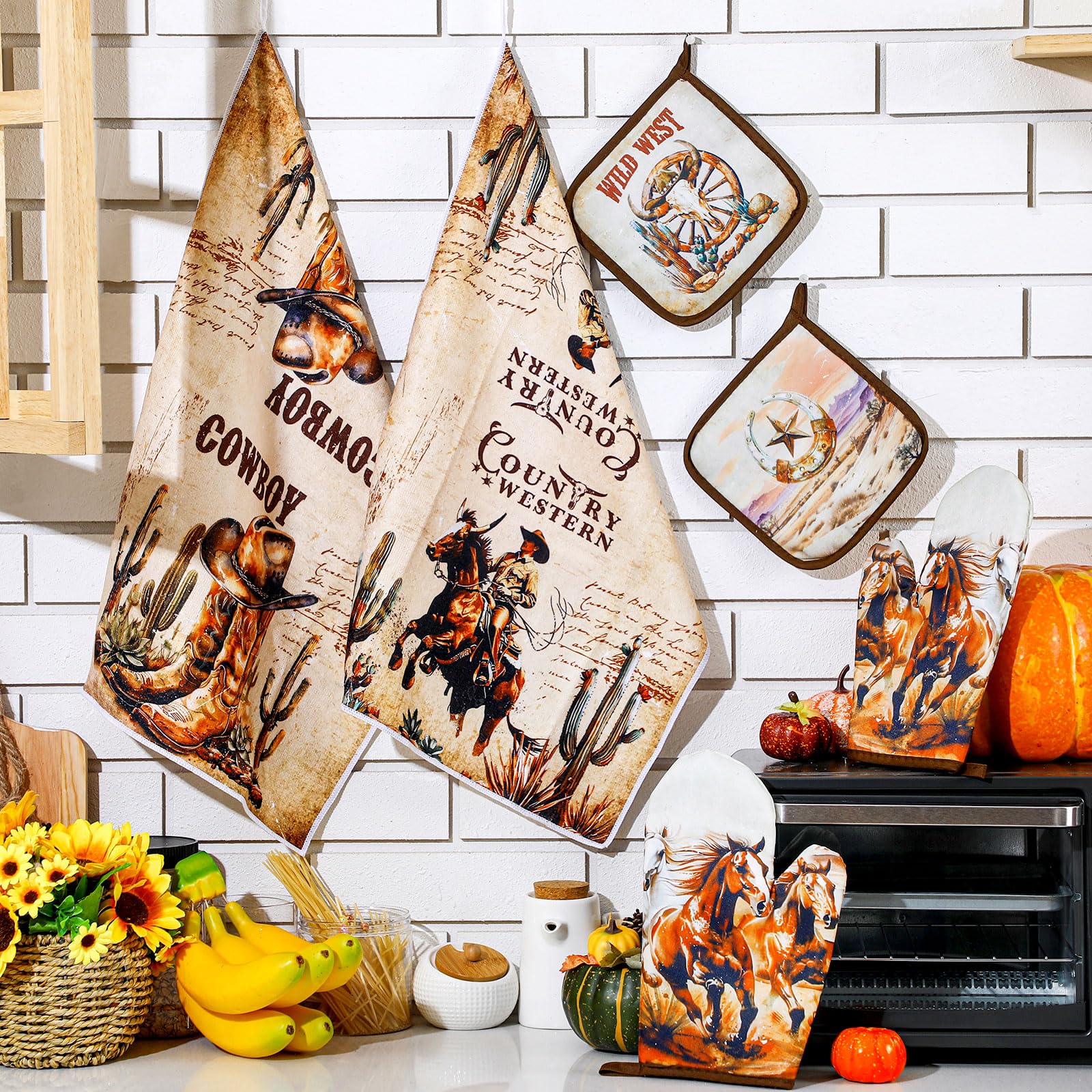 Leinuosen 6-Piece Floral Oven Mitts & Pot Holders Set with Farmhouse Kitchen Towels - Heat Resistant & Absorbent for Cooking, Baking, Grilling (Brown, West Texas Style) - Perfect for Farmhouse Kitchens, BBQ Parties & Holiday Baking
