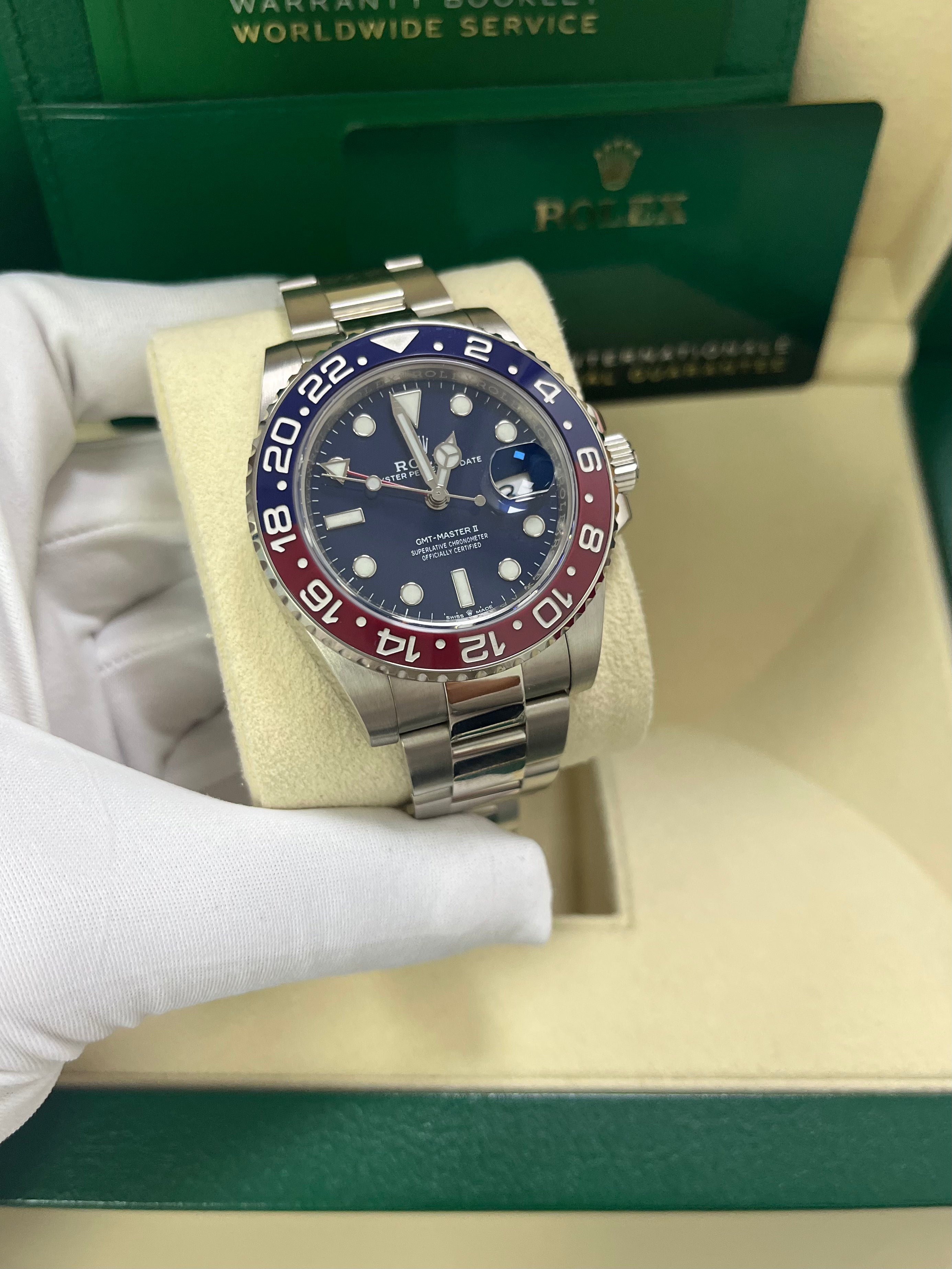 Rolex GMT Master II 40mm White Gold Pepsi Blue Dial Oyster Bracelet Ref#126719BLRO - Luxury Watch for Travel, Business & Collectors