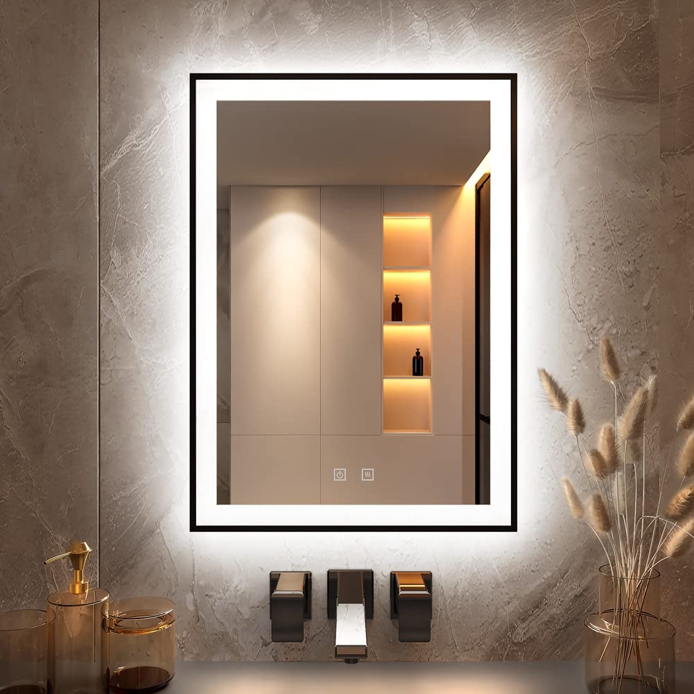 GANPE 20 x 28 Inch LED Bathroom Mirror with Anti-Fog & IP44 Waterproof - Large Aluminum Framed Illuminated Wall Mounted Mirror for Makeup Vanity - Perfect for Bathrooms, Bedrooms, and Dressing Rooms (20*28 Inch)