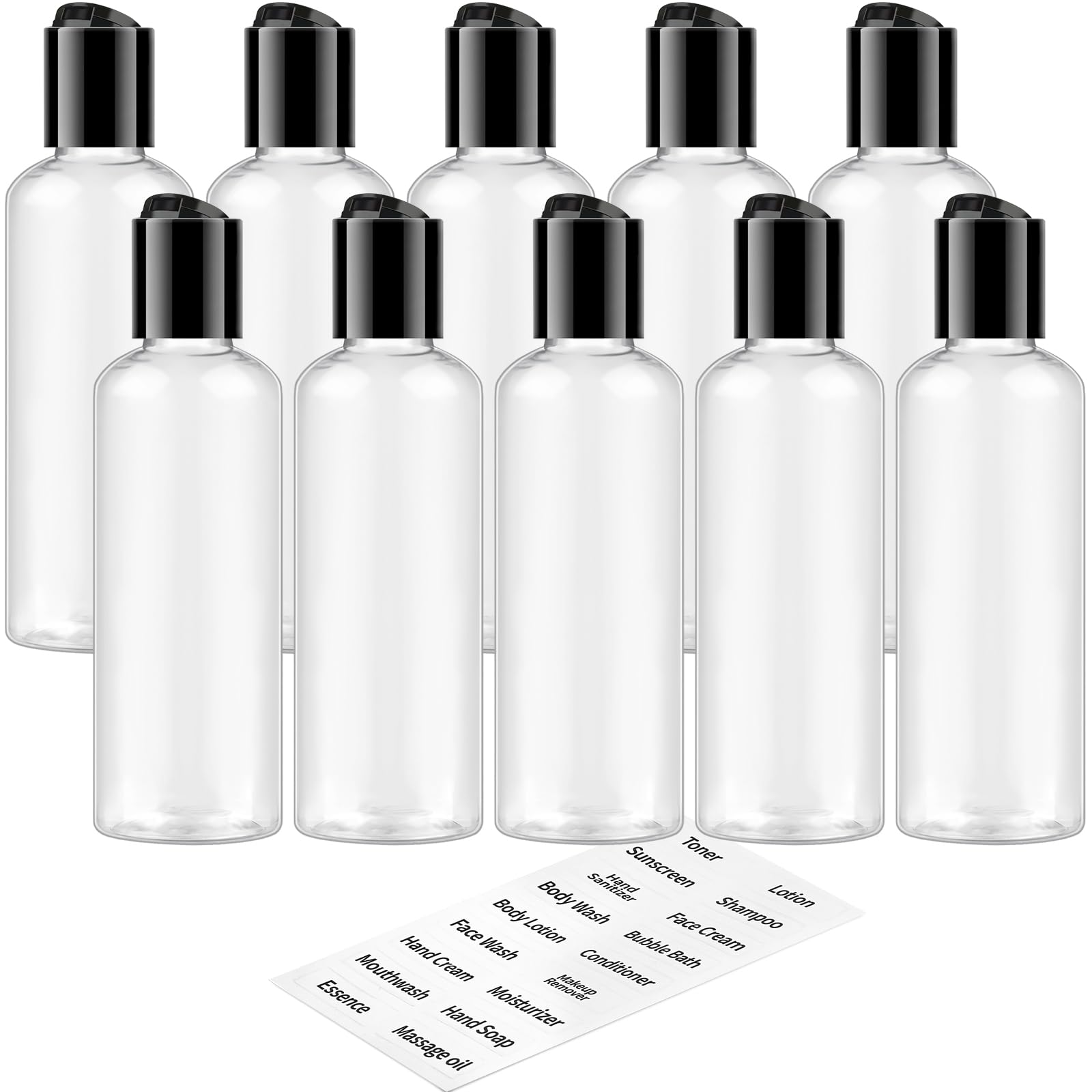 TUZAZO 10 Pack 3.4 oz Clear TSA Approved Travel Bottles - Leakproof Empty Plastic Containers for Shampoo, Lotion & Toiletries with Labels - Perfect for Air Travel, Camping & Gym Essentials
