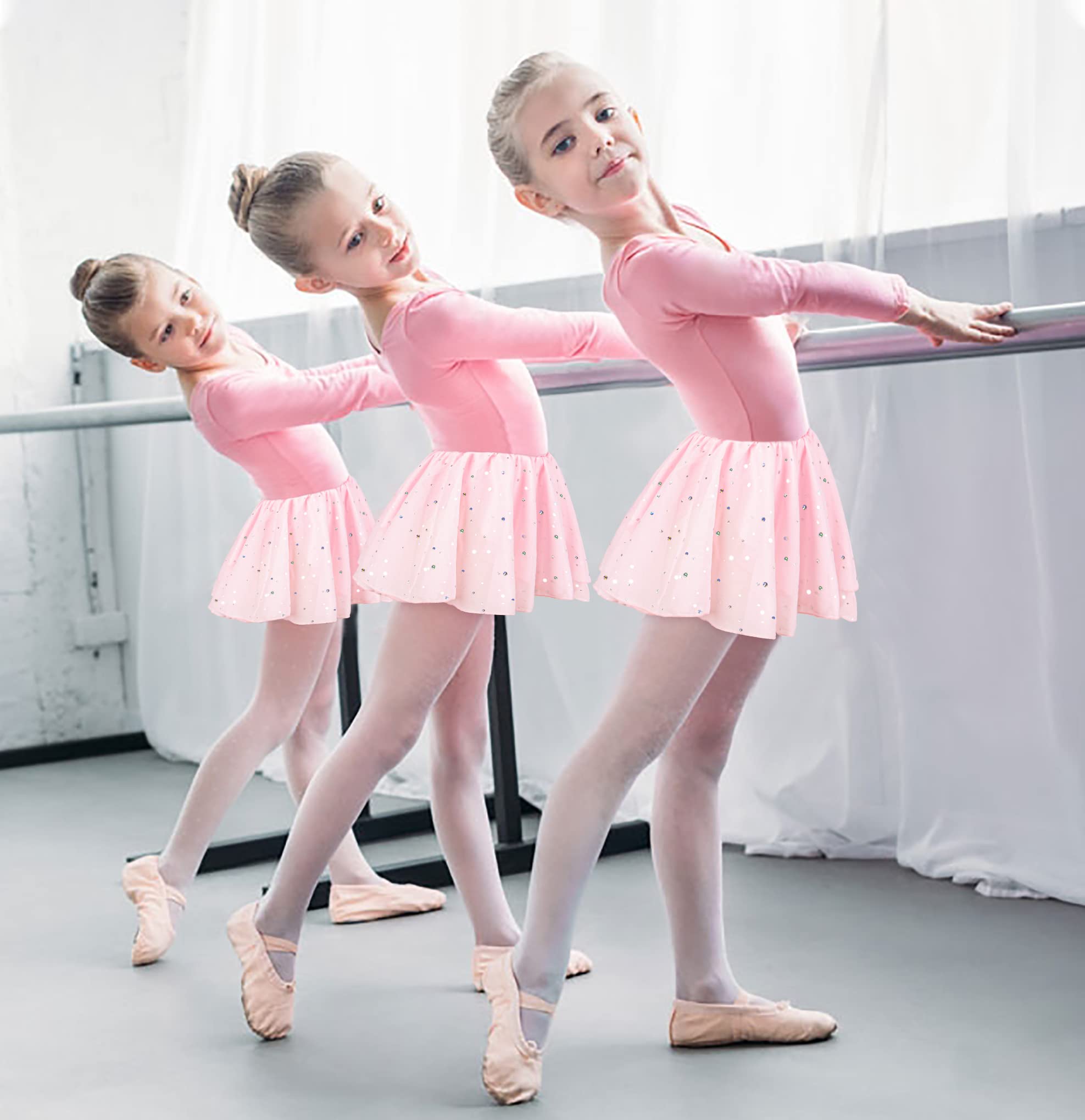DANSHOW Girls Glitter Ballet Leotard with Tutu Skirt & Petal Sleeves - Sparkly Dance Costume for Recitals, Performances, and Ballet Practice