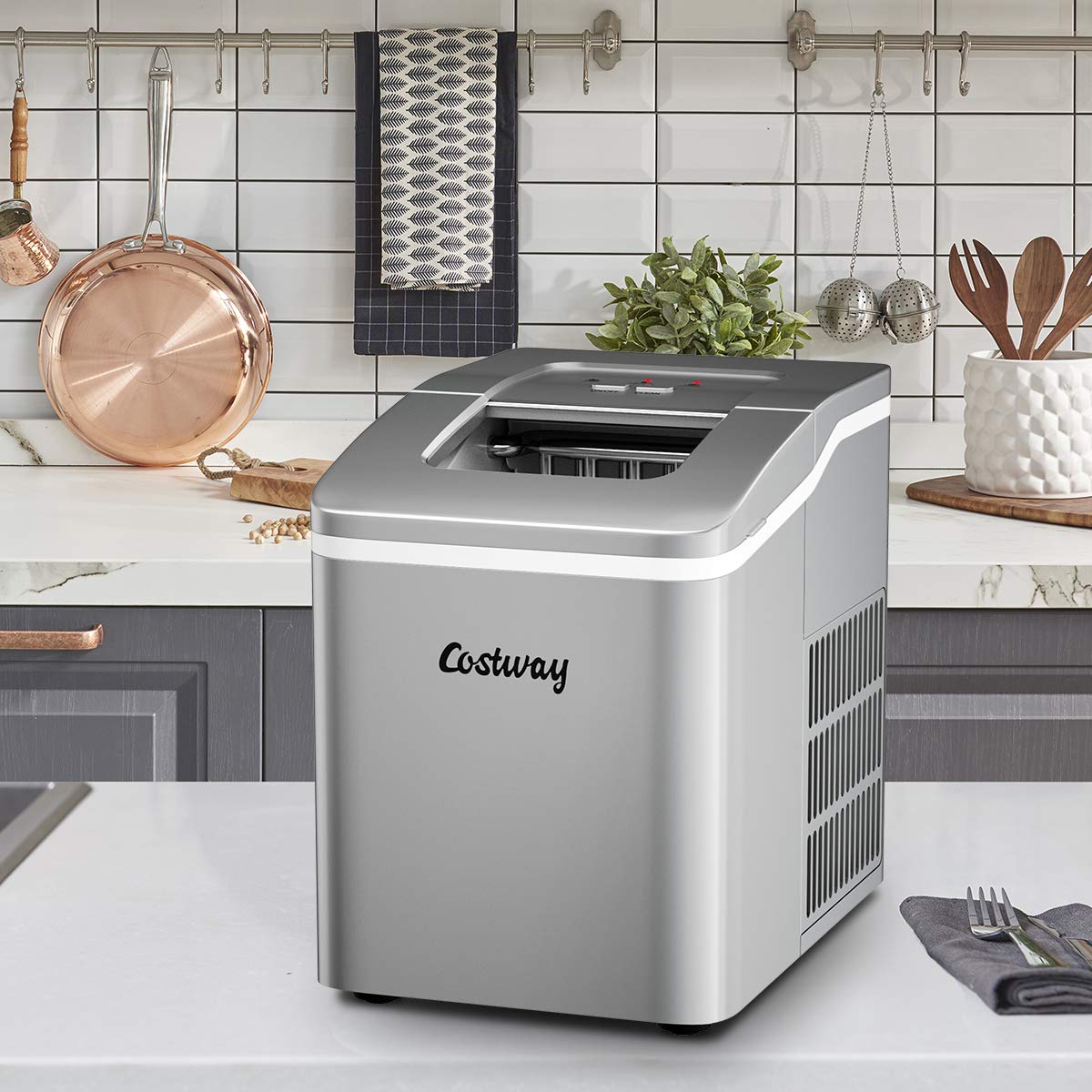 COSTWAY Portable Countertop Ice Maker Machine - 26Lbs/24H Capacity with Self-Cleaning Function, Makes Bullet Ice Cubes in 8 Minutes, Includes Scoop & Removable Basket - Perfect for Home, Office, Parties, Bars, and Outdoor Gatherings (Silver)