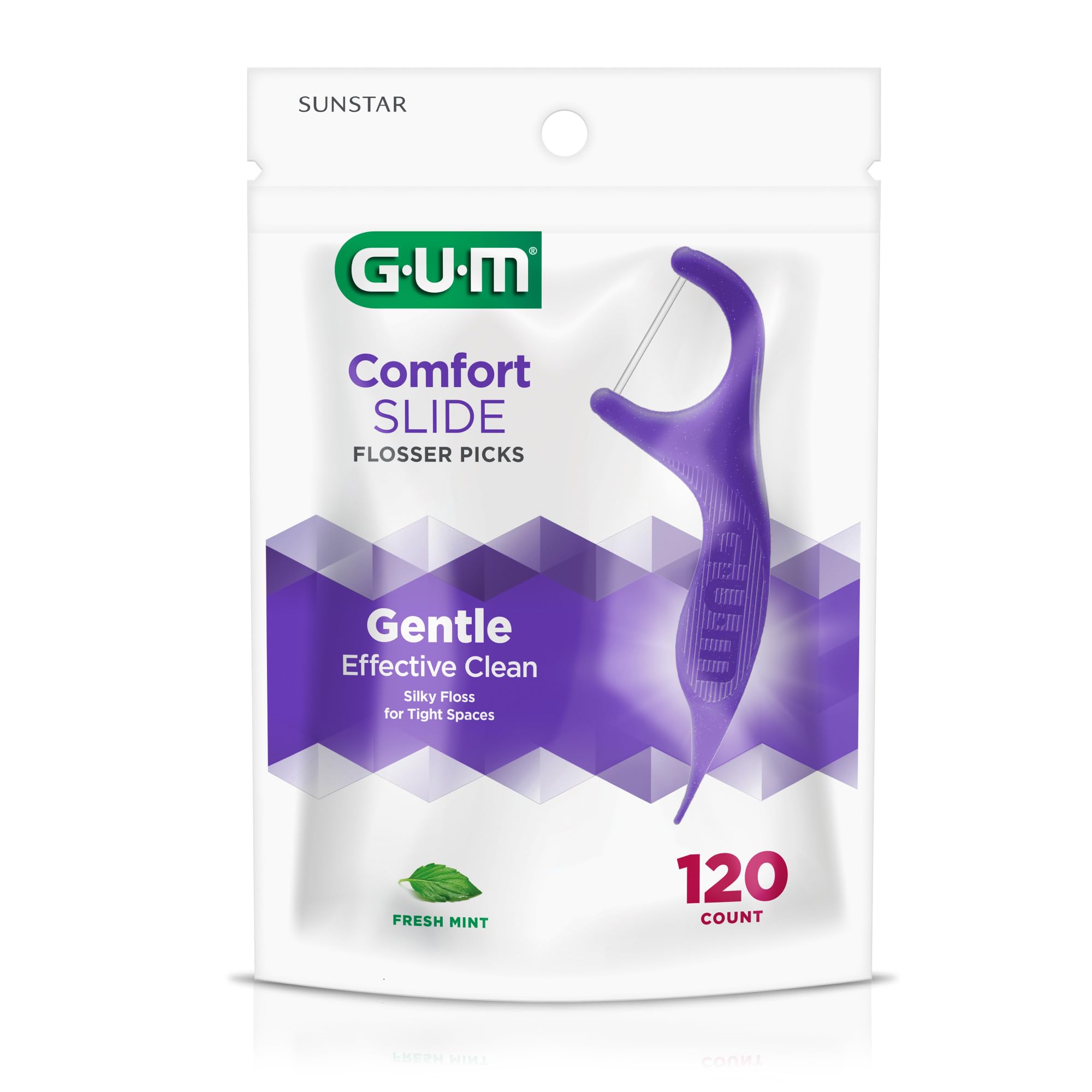 GUM Comfort Slide Floss Picks - Extra Strong Shred-Resistant Dental Floss for Tight Teeth - Easy Grip Handle, Fresh Mint Flavor (120 Count) - Perfect for Adults, Travel & On-the-Go Oral Care