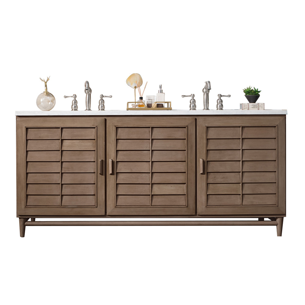 Portland 72 Inch Double Vanity with Whitewashed Walnut & 3cm White Zeus Quartz Top - Modern Bathroom Sink Cabinet for Master Bath or Guest Bathroom