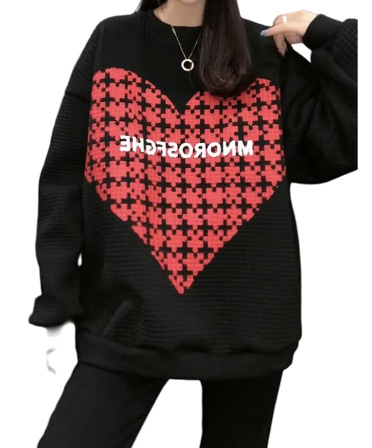 2022 New Heart Print Waffle Knit Sweatshirt - Women's Oversized Long Sleeve Pullover, Casual Loungewear & Sportswear for Fall - Perfect for Coffee Dates, Weekend Outings and Cozy Autumn Days