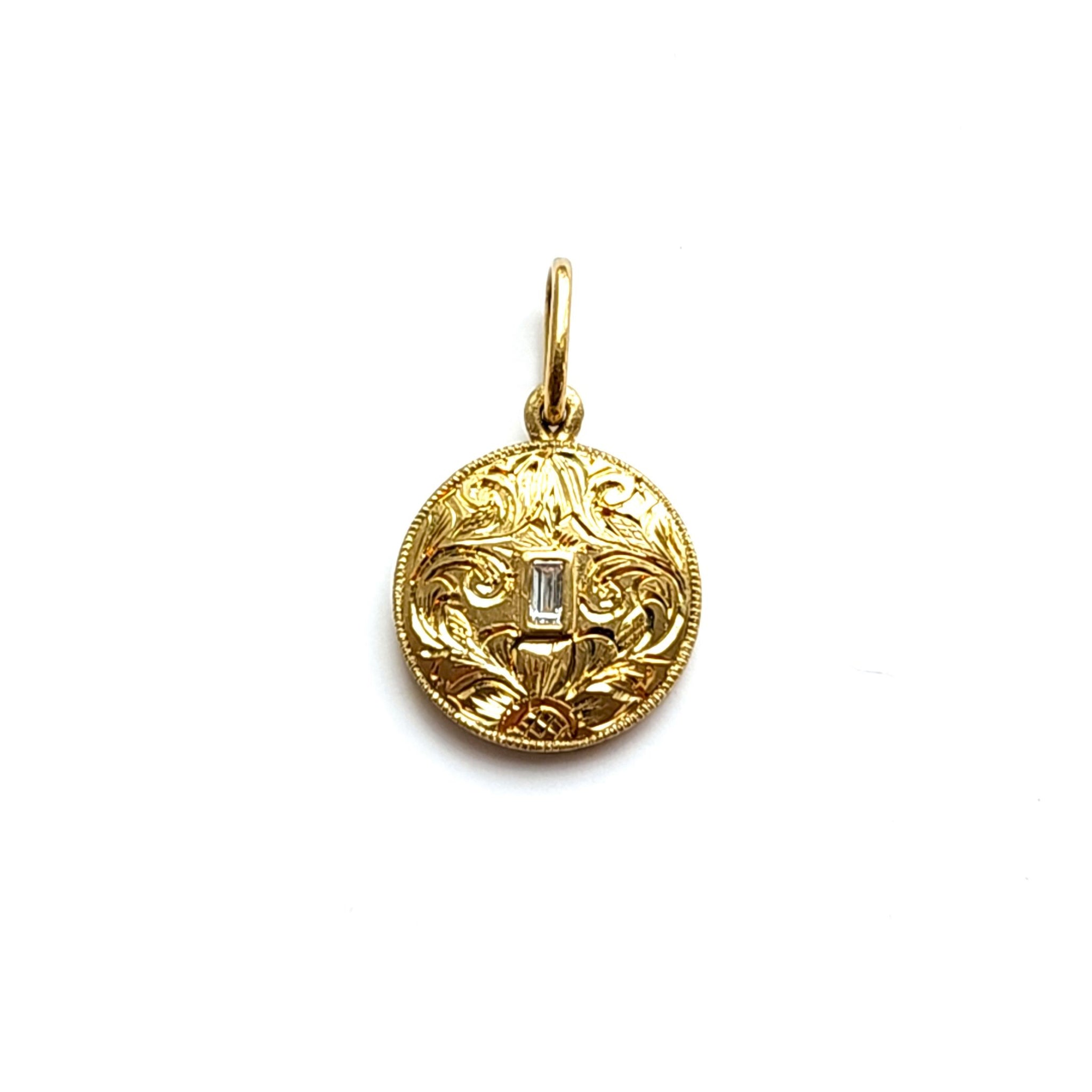 18K Gold Hand Engraved Round Baguette Diamond Charm Pendant - Elegant Jewelry Gift for Women, Perfect for Anniversaries & Special Occasions