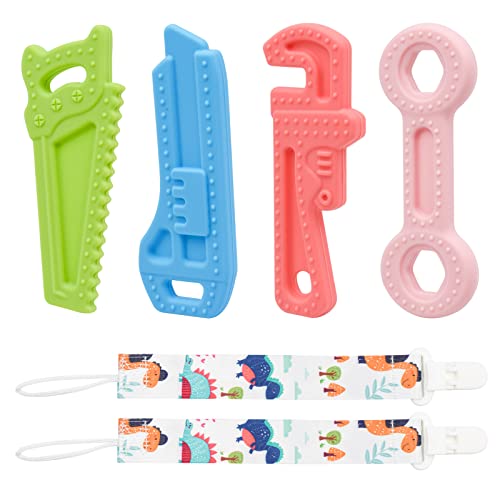 BPA-Free Silicone Baby Teething Toys Set (4 Pack) - Safe Teethers for Infants 0-12 Months with Freezer Cooling Function | Wrench, Spanner, Pliers & Knife Shapes | Perfect for Soothing Sore Gums During Teething Phase