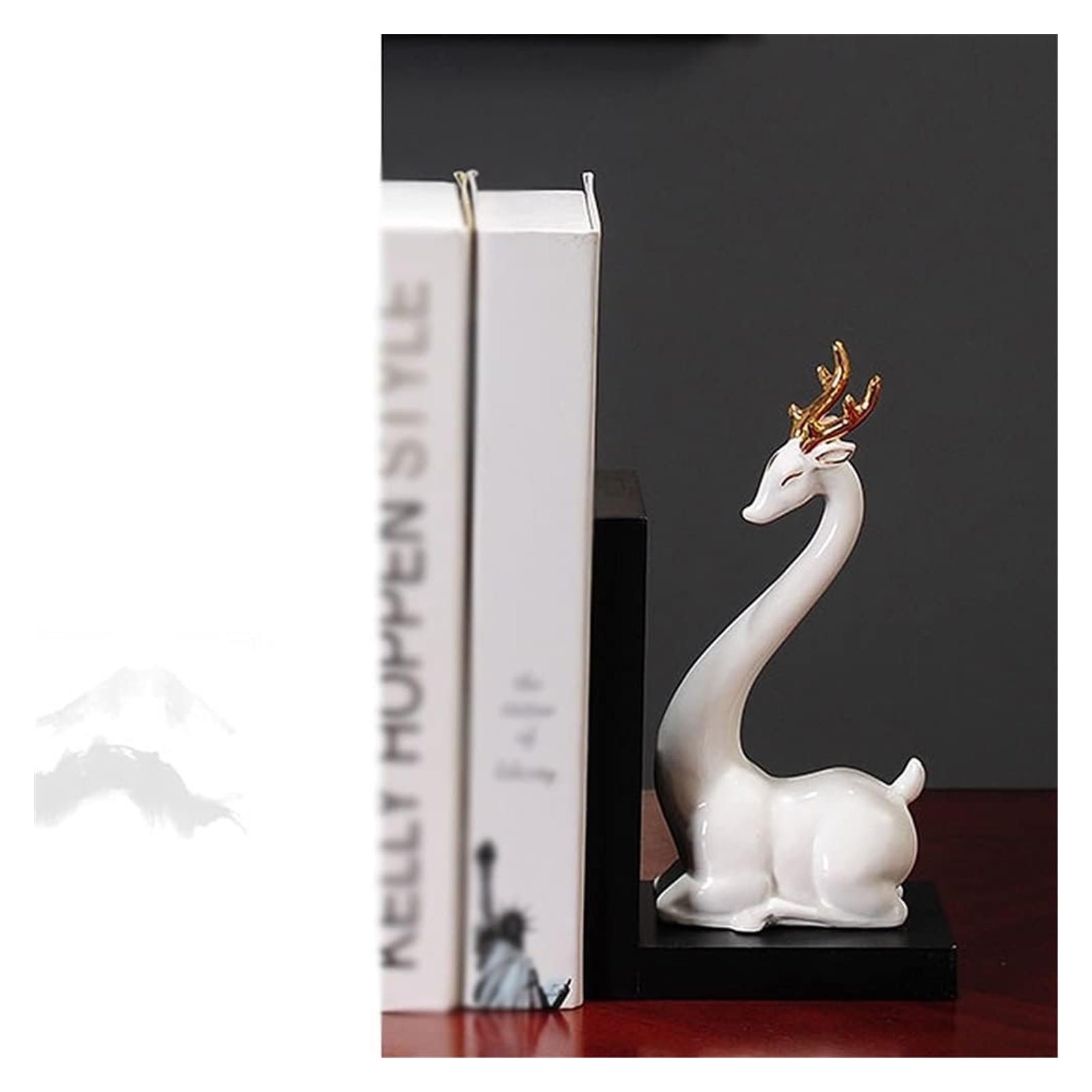 Chinese Ceramic Bookends - Heavy Duty Deer Head & Dragon Book Stoppers for Bookshelves | Office & Living Room Decoration | Perfect for Organizing Heavy Books in Home Library, Study or Workspace