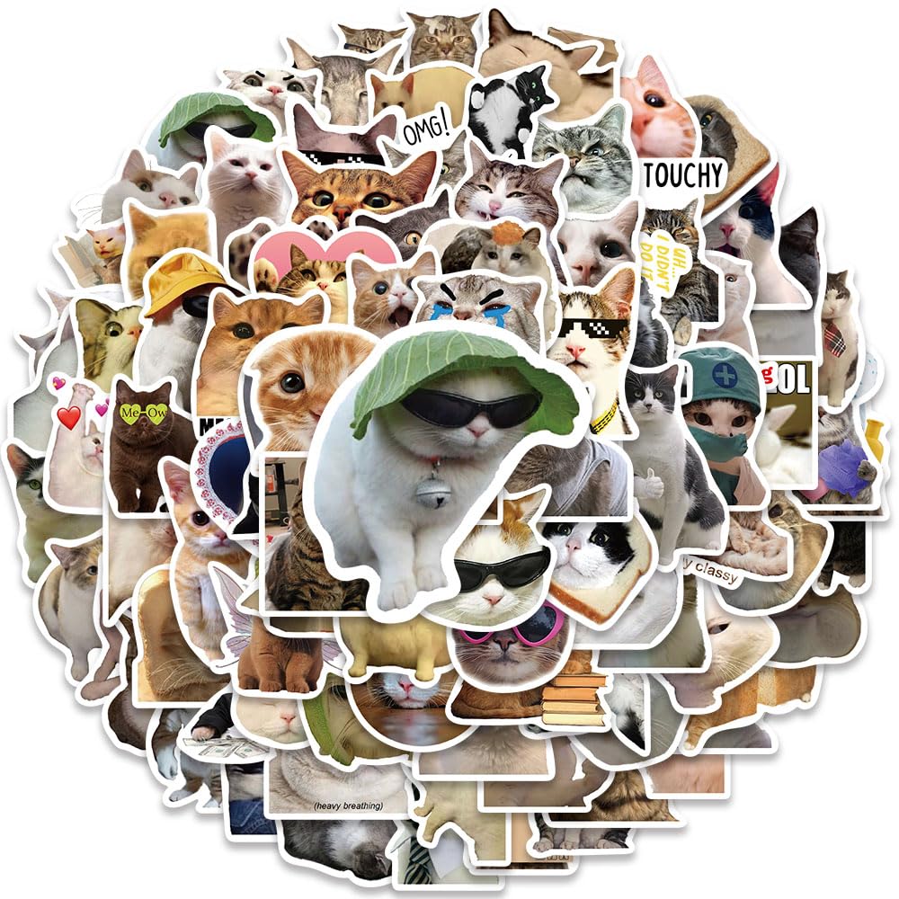 Funny Cat Stickers 100pcs - Cute Kawaii Vinyl Decals for Laptop & Water Bottle - Trendy Meme Decor for Kids & Teens