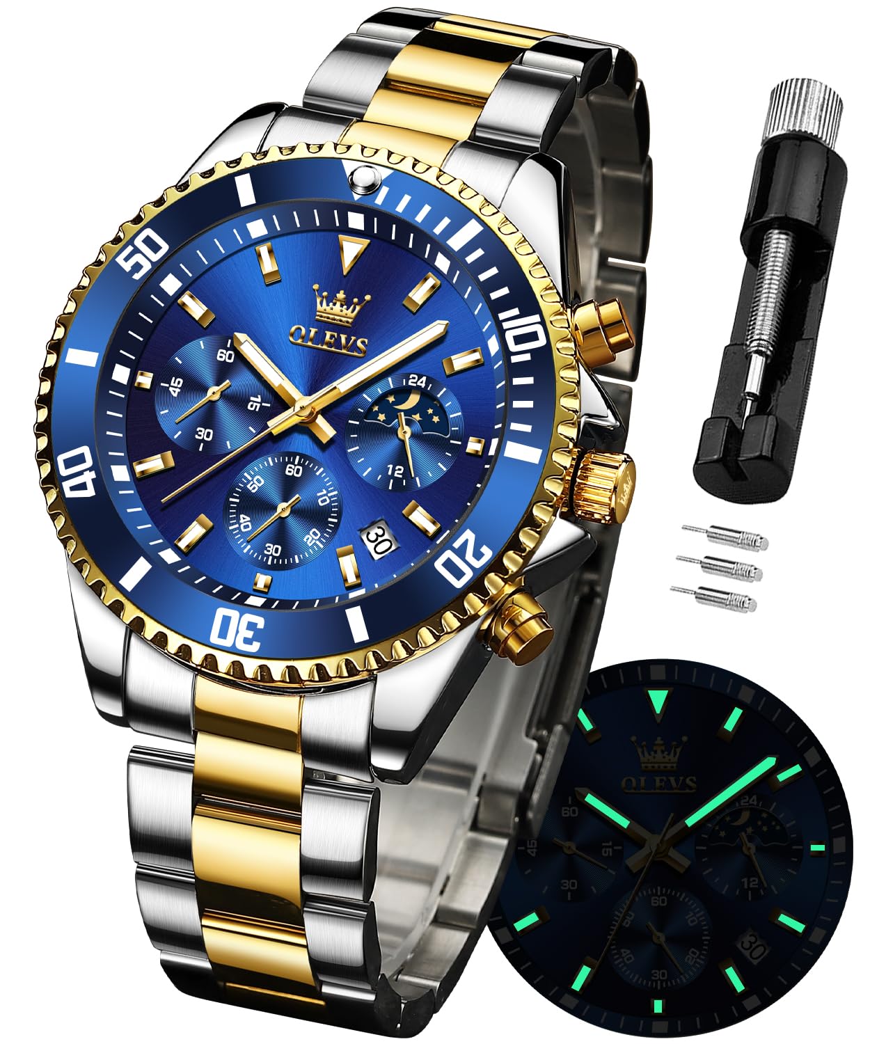 OLEVS Men's Stainless Steel Analog Quartz Chronograph Moon Phase Watch - Waterproof Date Display with Luminous Hands - Perfect Gift for Him - Ideal for Business, Formal Events & Outdoor Activities