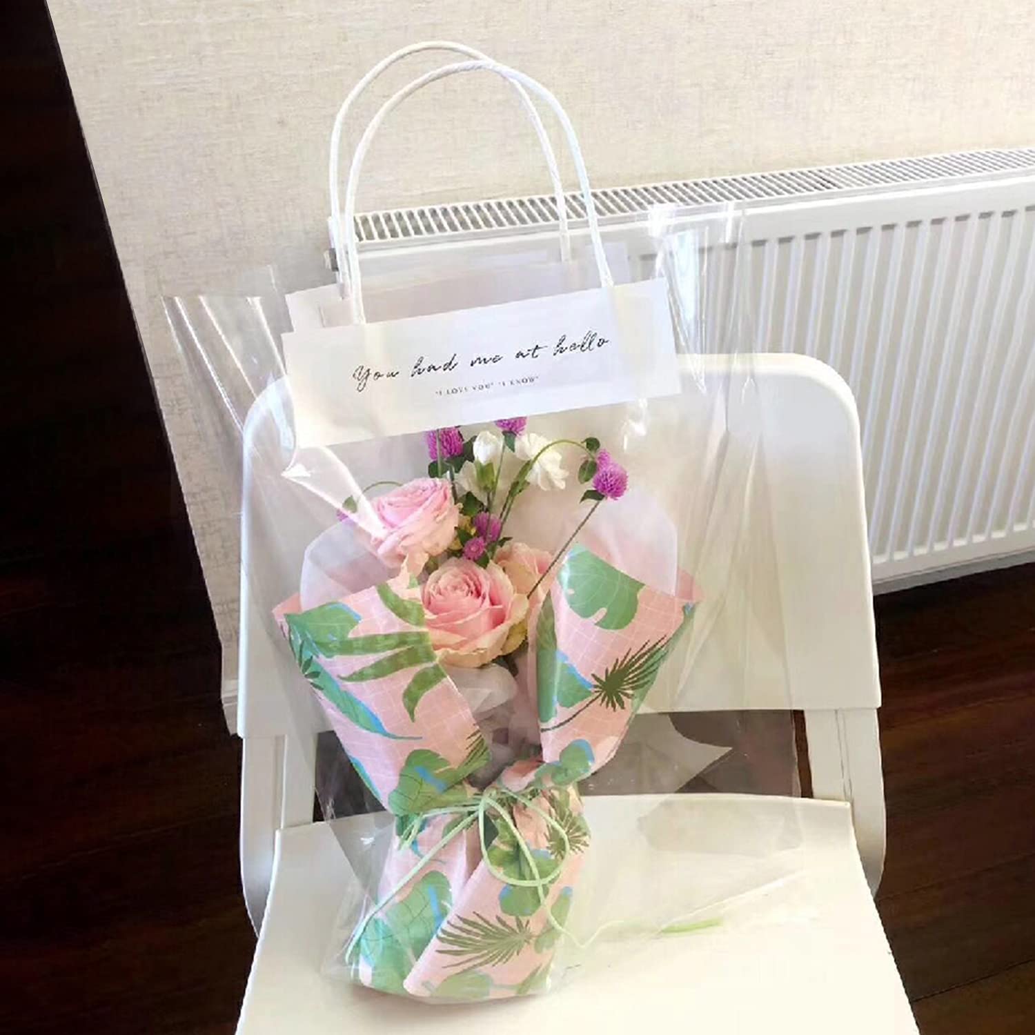 10 Pack Clear PVC Flower Packaging Bags with Handles - Rose Bouquet Gift Wrap Bags for Florist, Wedding, Birthday & Anniversary - Durable Plastic Tote Bags for Flower Arrangements, Bouquet Presentation & Gift Giving