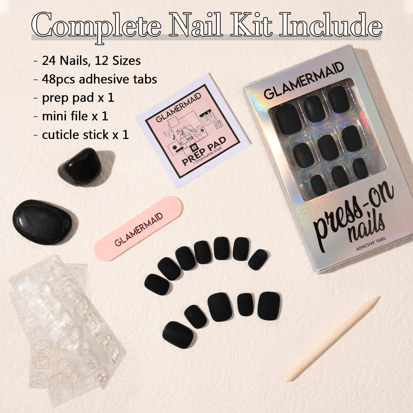 GLAMERMAID Halloween Black Velvet Press on Nails - 24Pcs Extra Short Squoval Matte Fake Nails with UV Finish | Reusable Acrylic False Nails Manicure Kit for Women | Perfect for Parties, Costumes & Gifting