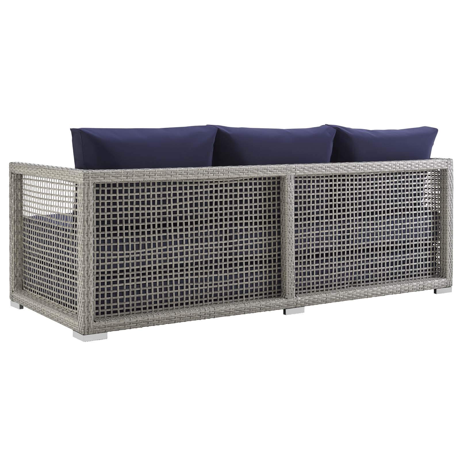 Modern Outdoor Patio Furniture Set - 3-Piece Rattan Wicker Sofa, Chair & Coffee Table in Gray, Navy Blue - Perfect for Backyard, Garden, Poolside & Patio Relaxation