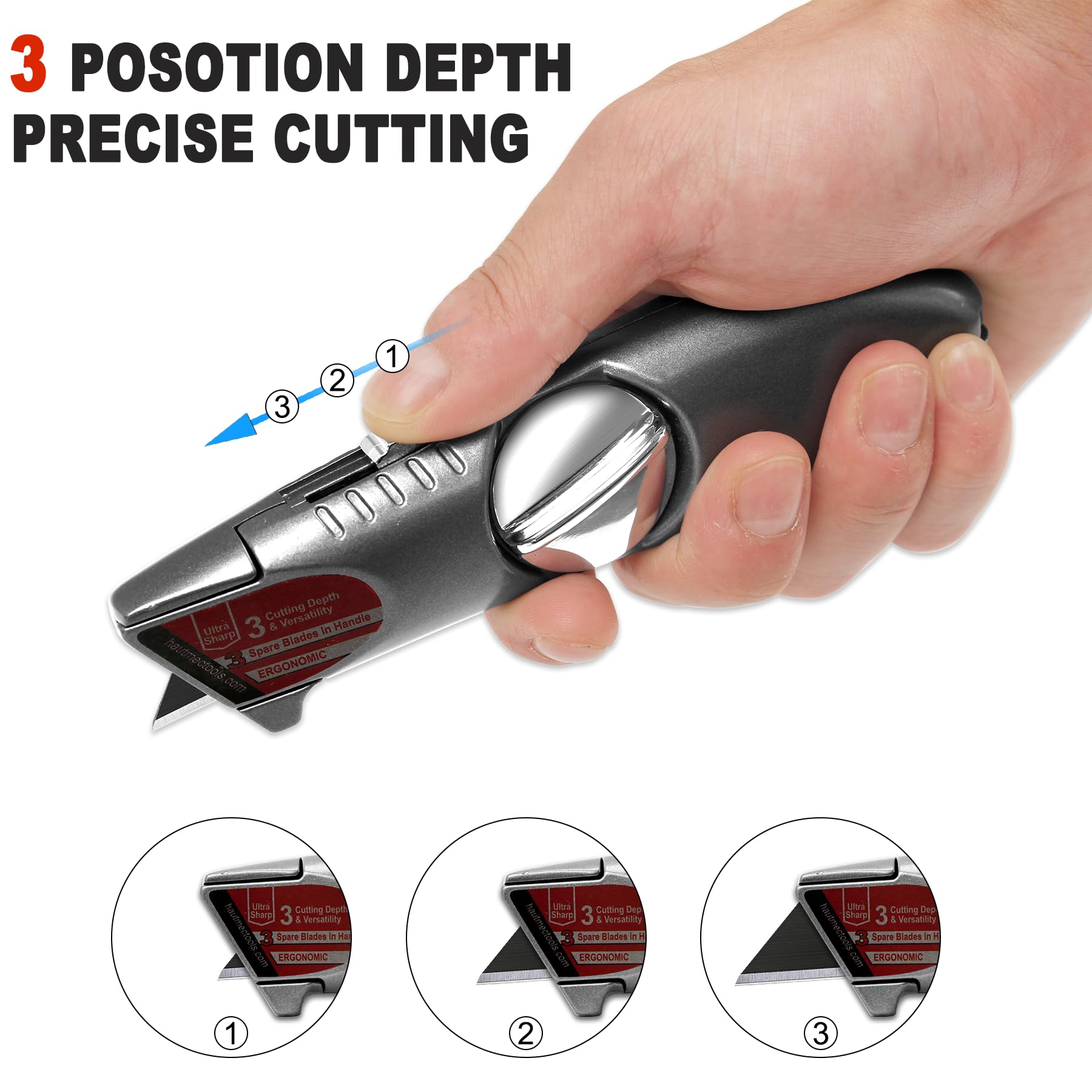HAUTMEC Heavy-Duty Retractable Utility Knife - 3 Position Fixed Blade Box Cutter with Quick Change System & 3 Extra Blades - Aluminum Alloy Safety Razor Knife for Warehouse, Shipping, Packaging, DIY Projects HT0247-KN