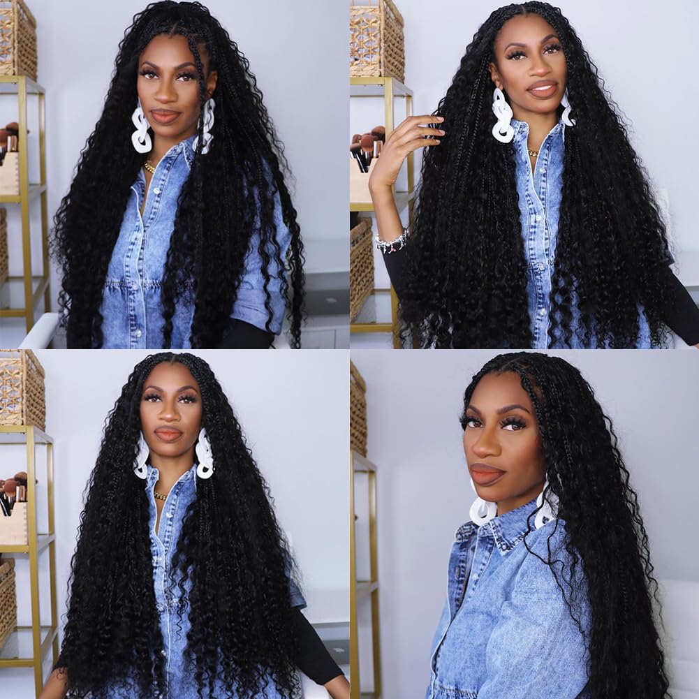 Pre-Looped Crochet Boho Box Braids with Human Hair Curls & Curly Ends - 18 Inch Goddess Box Braids for Black Women (2 Packs, 80 Strands, Natural Color) | Perfect for Protective Styling, Everyday Wear & Special Occasions