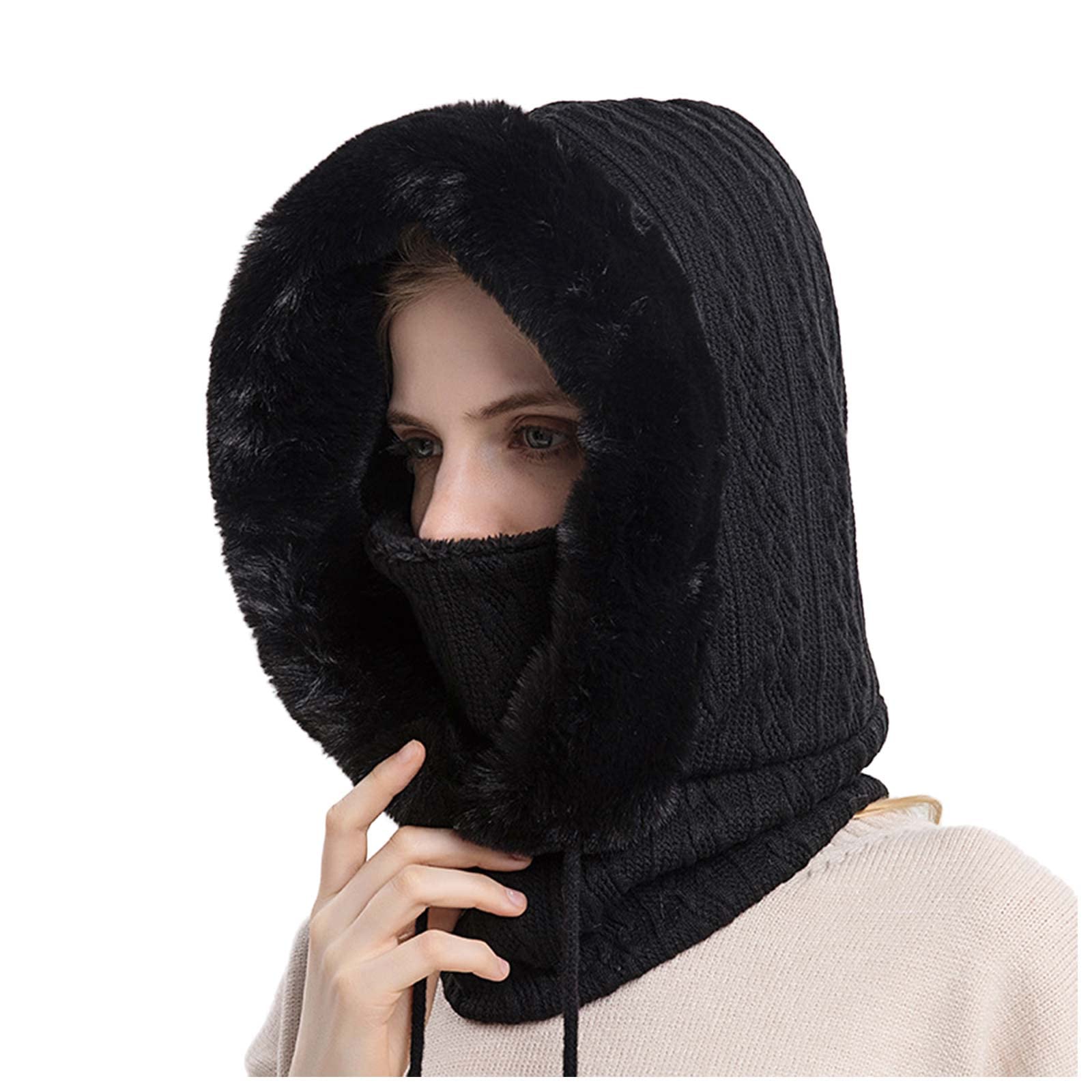 Women's Slouchy Fleece Beanie Hat with Scarf & Mask - Winter Knitted Balaclava for Skiing, Snowboarding & Outdoor Activities - Warm Hooded Drawstring Cap for Cold Weather Protection