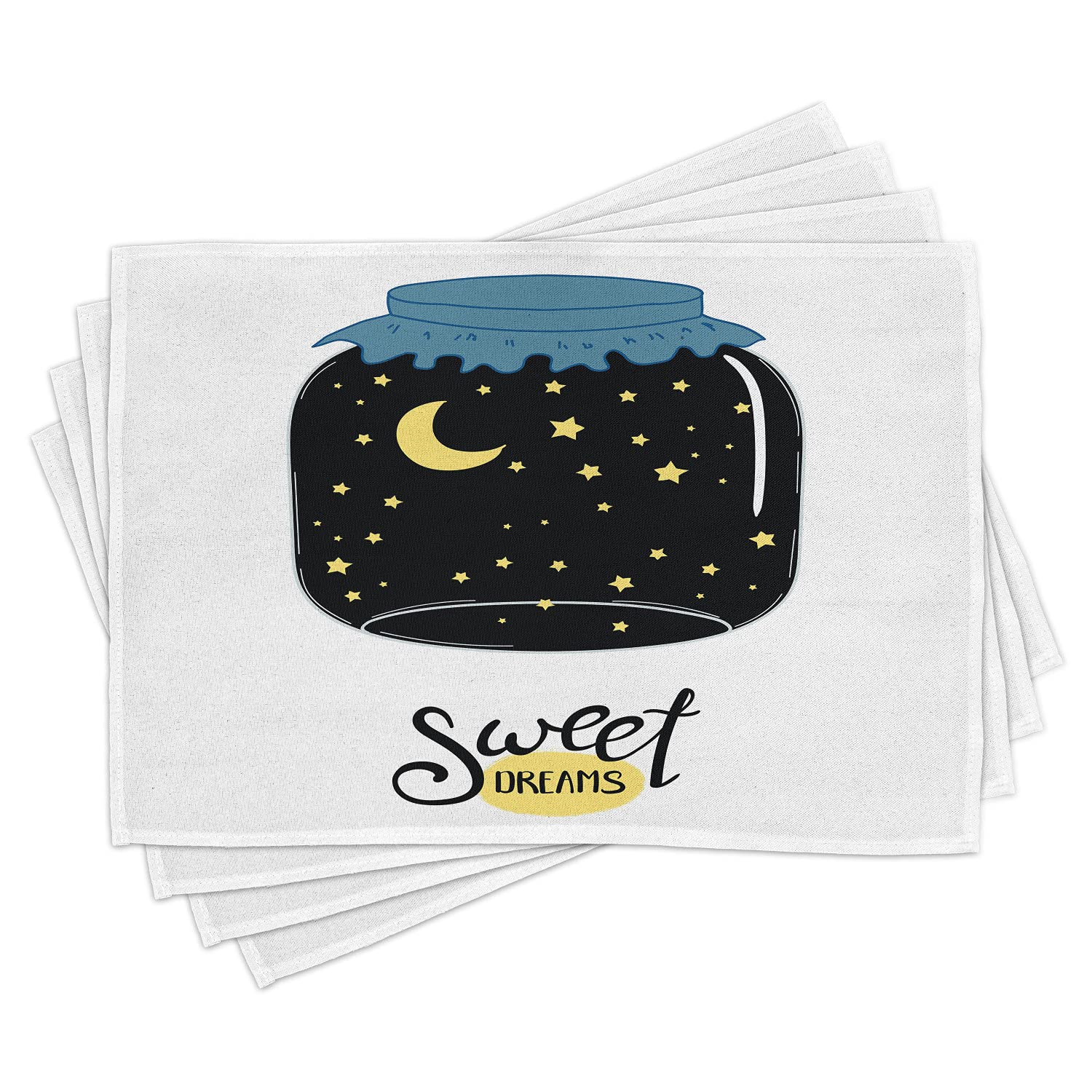 Ambesonne 4-Pack Fabric Placemats - Hand-Painted Moon & Stars Night Sky Design, Washable Table Mats for Dining Room & Kitchen Decor in Dark Blue, Slate Blue & Yellow | Perfect for Dinner Parties, Holiday Gatherings & Everyday Meals