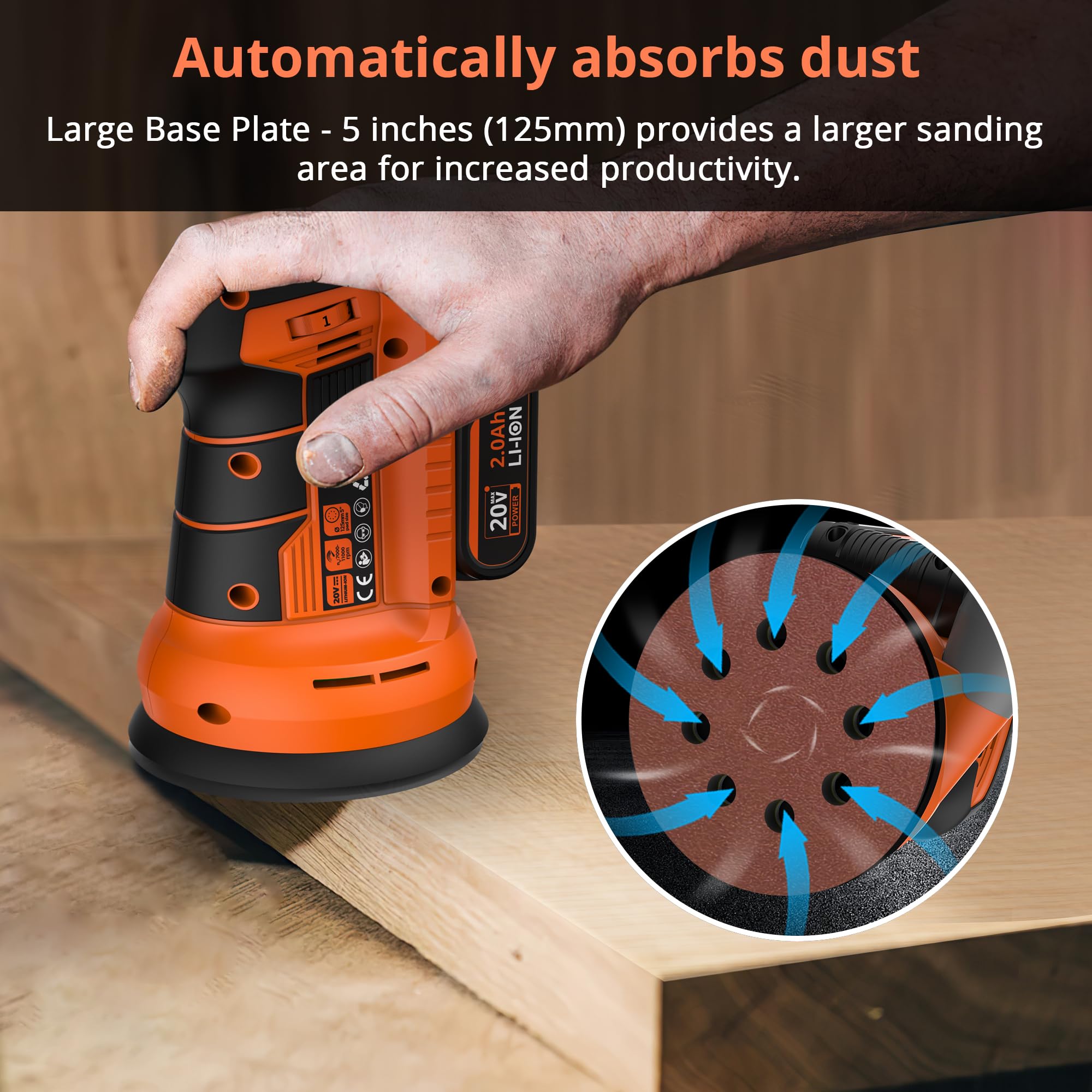20V Cordless Detail Sander with 11,000 RPM Variable Speed - 5-Inch (125mm) Sanding Disc - Includes 12 Sandpapers & Quick Charge Kit - Compact Electric Sander for Woodworking, Furniture, Carpentry - Perfect for DIY Projects, Home Renovation, and Professional Wood Finishing