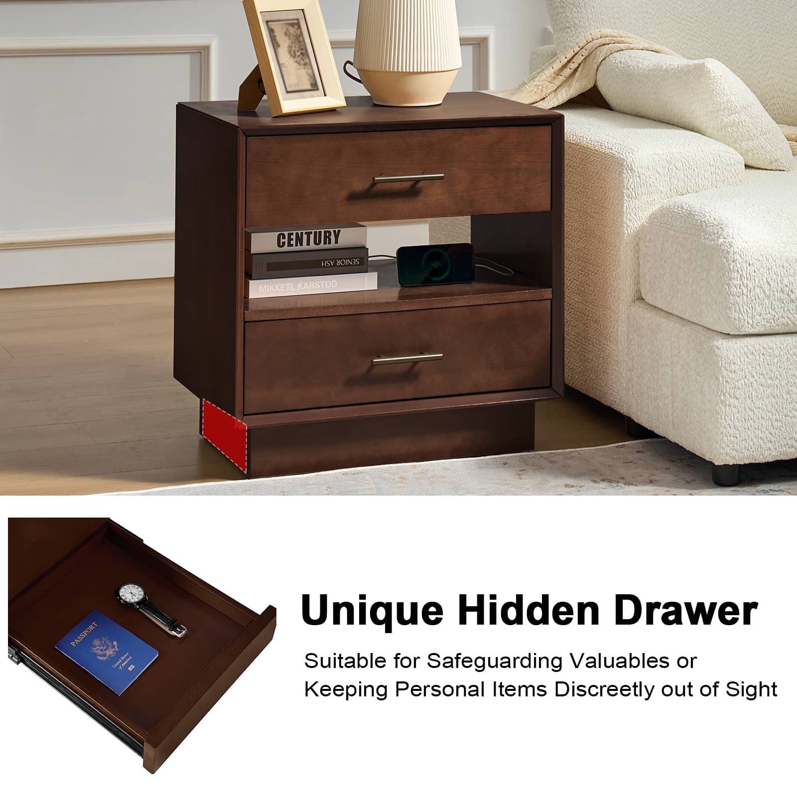 Yoel Hidden Drawer Nightstand with Built-in USB Outlets & Power Strip - Modern Bedside Table with Secret Storage for Bedroom, Living Room, or Office