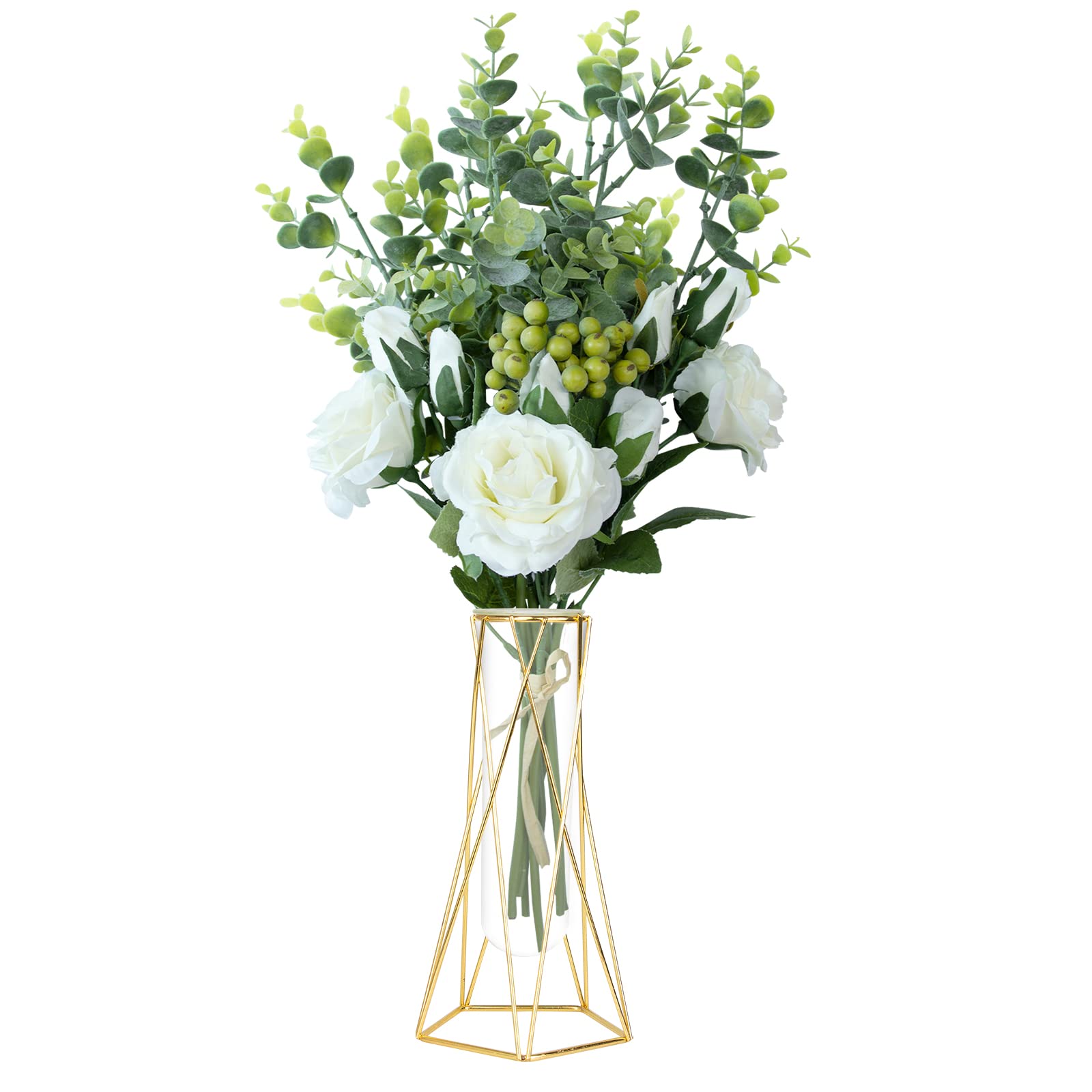 LUZOGA 12 Pack Artificial White Roses with Vase - Realistic Fake Flowers for Home Decor, Wedding Centerpieces, Table Arrangements - Perfect for Dining Room, Kitchen, Living Room & Office Decorations
