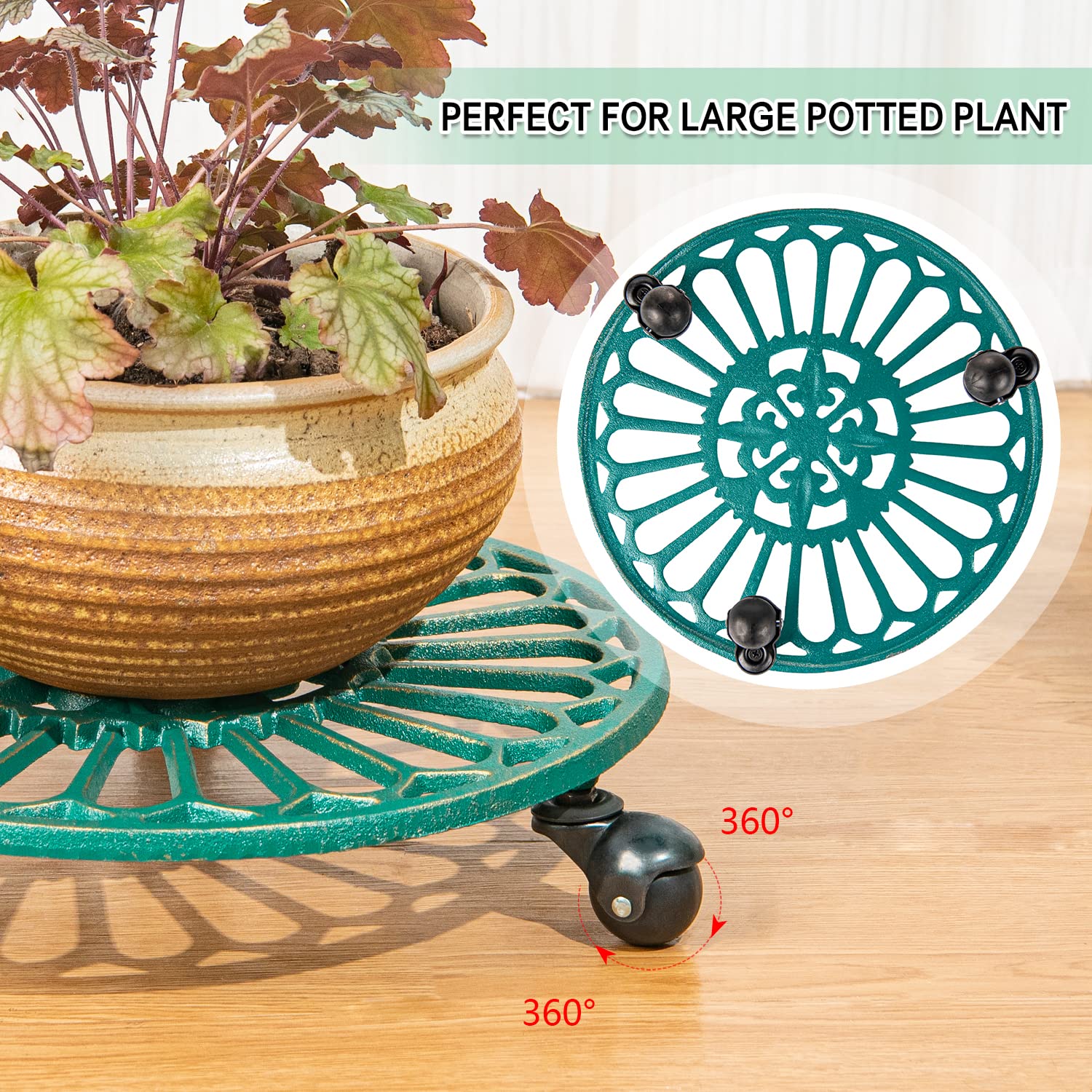 Heavy-Duty Cast Iron Plant Caddy with Wheels - 2 Pack 14.8