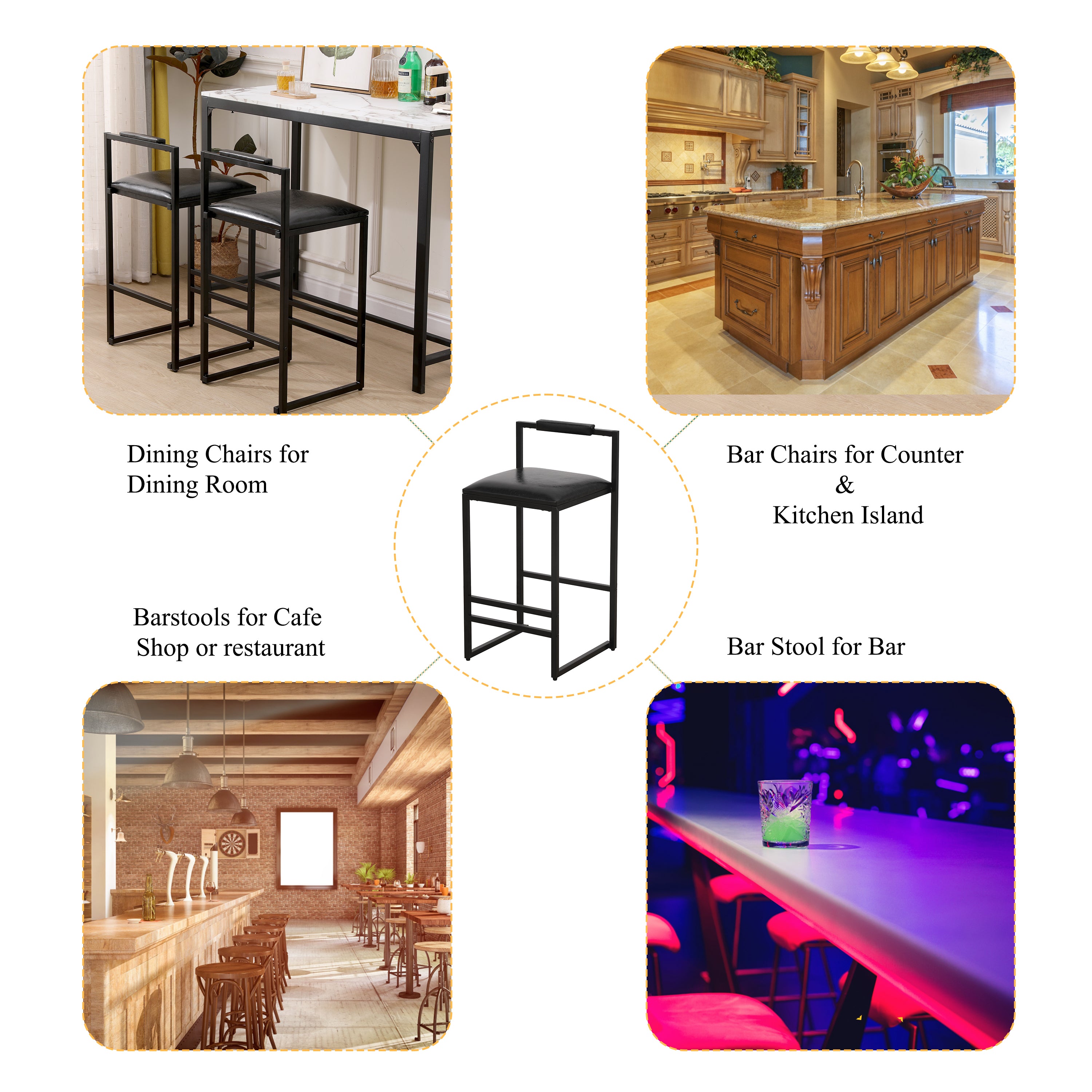 Set of 2 Black PU Leather Bar Stools with Backrest & Footrest - Counter Height Kitchen Island Stools for Home Bar, Breakfast Nook & Dining Room Decor