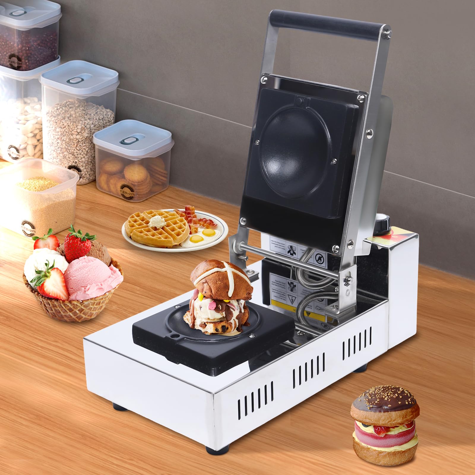 1000W Commercial Ice Cream Burger Maker Machine - Countertop UFO Sandwich Maker with 122-482°F Temperature Range, 4