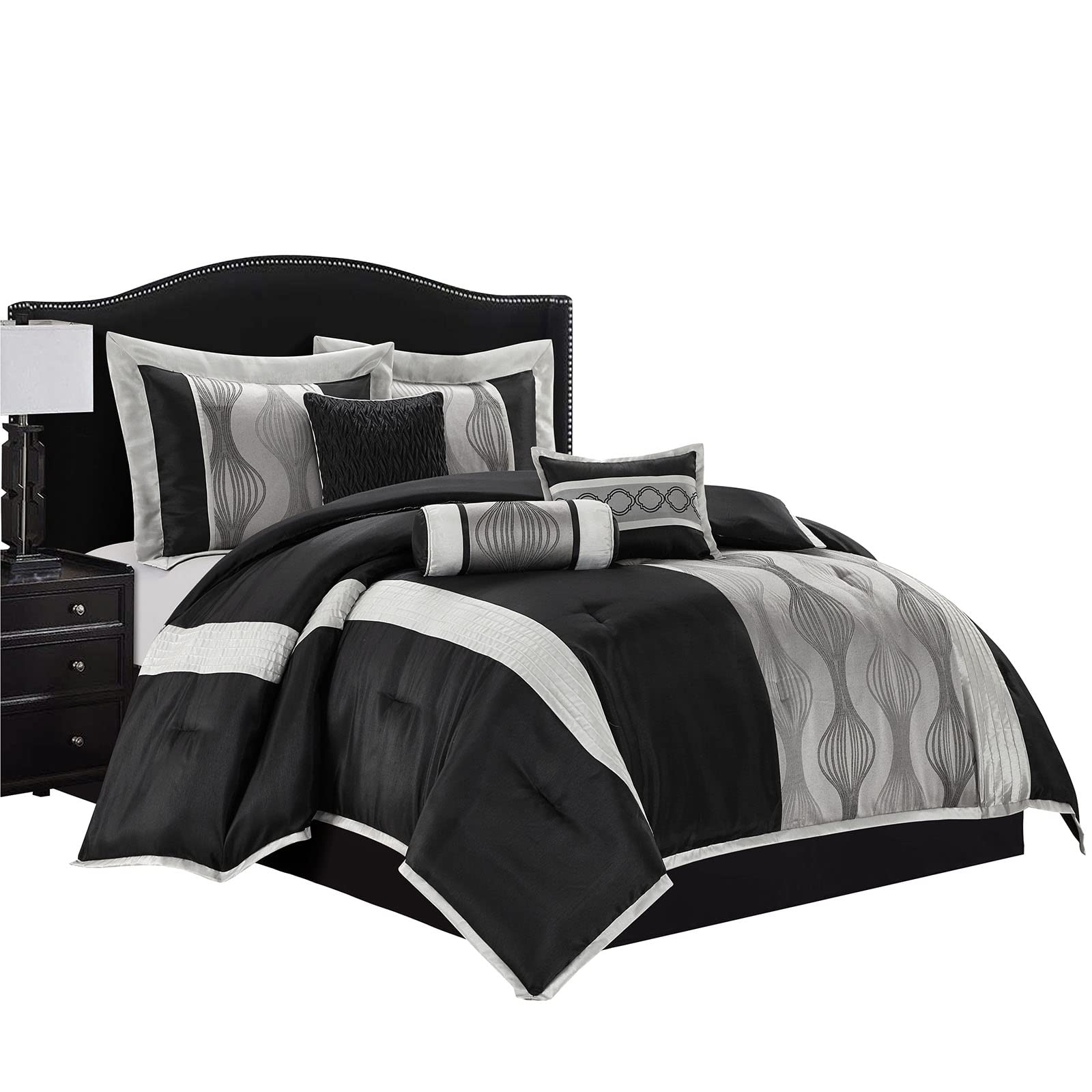 Grand Avenue Black and Silver King Size Comforter Set - 7 Piece Jacquard Bedding Collection | All Season Ultra-Soft Microfiber Comforter & Pillow Shams | Perfect for Master Bedroom, Guest Room & Luxury Hotel Decor