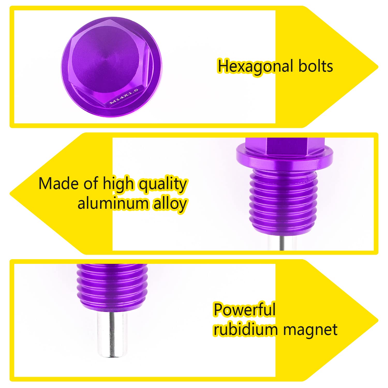 M14 x1.5 Magnetic Oil Drain Plug Kit with Gaskets - Compatible with Honda Civic, Accord, Clarity, City & Acura CL, CSX - Purple Engine Oil Drain Plug Accessory for Improved Engine Protection & Maintenance