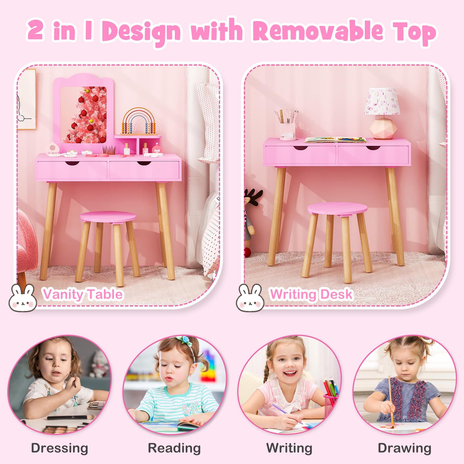 Olakids 2-in-1 Wooden Princess Vanity Set with Mirror & Storage - Kids Makeup Table & Chair, Toddler Dressing Desk Toy for Girls - Perfect for Pretend Play, Birthday Gifts & Bedroom Decor (Pink)