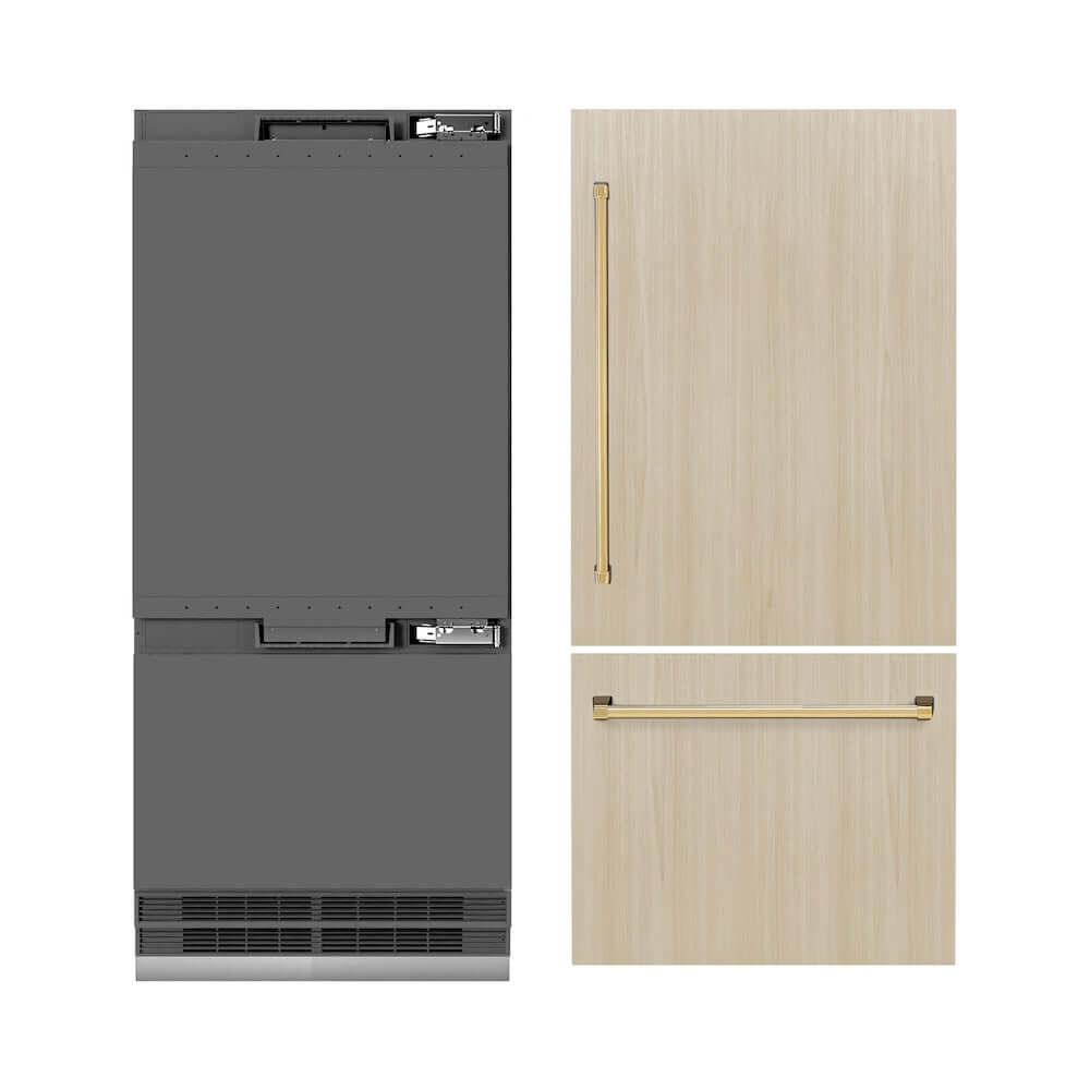 ZLINE Autograph Edition 36 Inch Panel Ready Built-In Bottom Freezer Refrigerator - 19.8 cu ft Capacity, Water Dispenser & Ice Maker, Graphite Gray Interior with Polished Gold Accents (GRBITZ 36 G) - Perfect for Modern Kitchens, Luxury Homes & Gourmet Cooking Spaces
