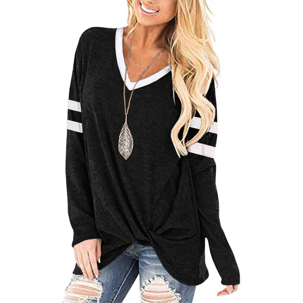 ZIWOCH Women's V Neck Long Sleeve Striped Colorblock T-Shirt | Twist Knot Tunic Top Blouse for Casual Wear, Office & Date Night Outfits