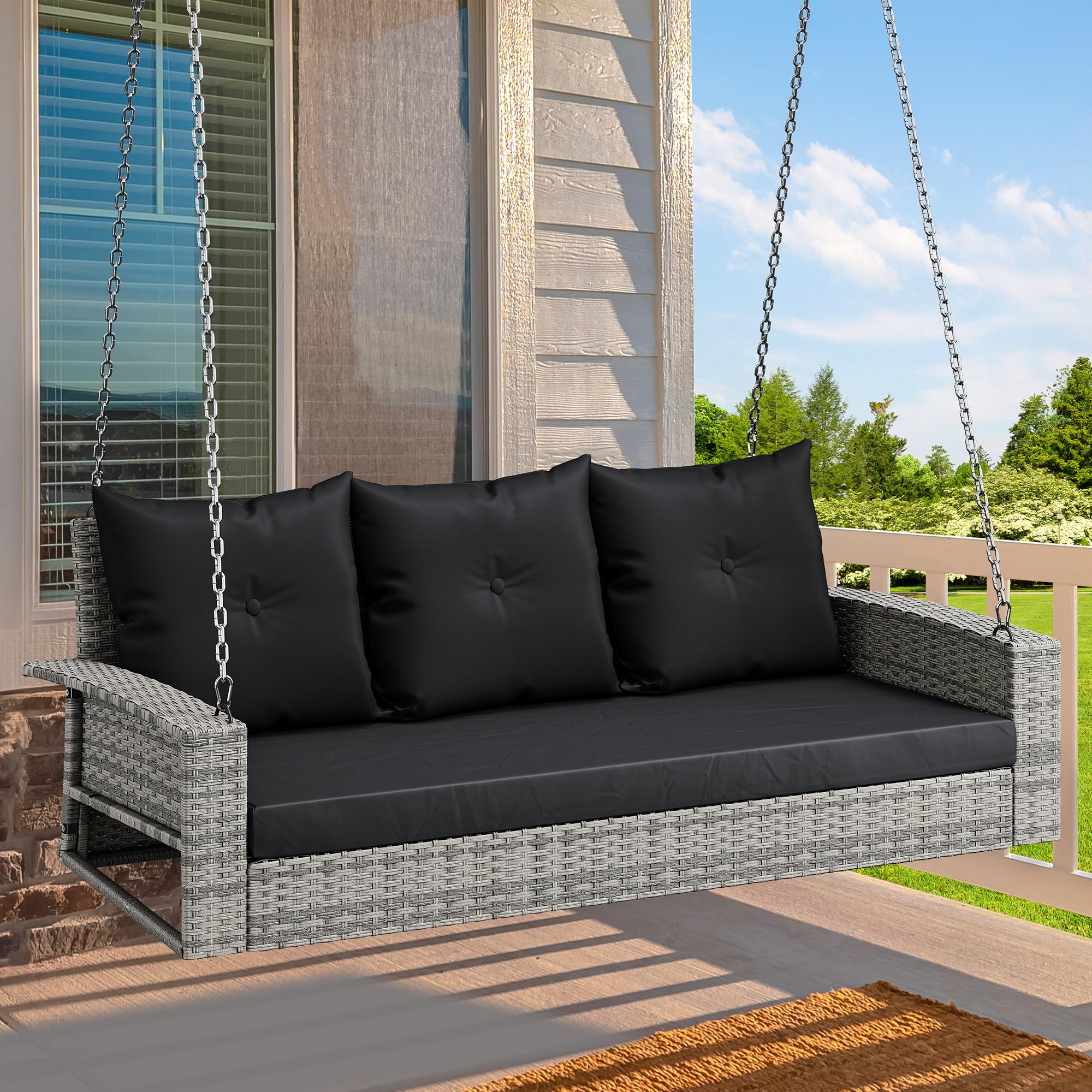 YITAHOME 3-Seat Wicker Hanging Porch Swing Chair - Outdoor Gray Rattan Patio Swing with 3 Back Cushions (Black Cushion) - Perfect for Garden, Balcony, Deck & Backyard Relaxation