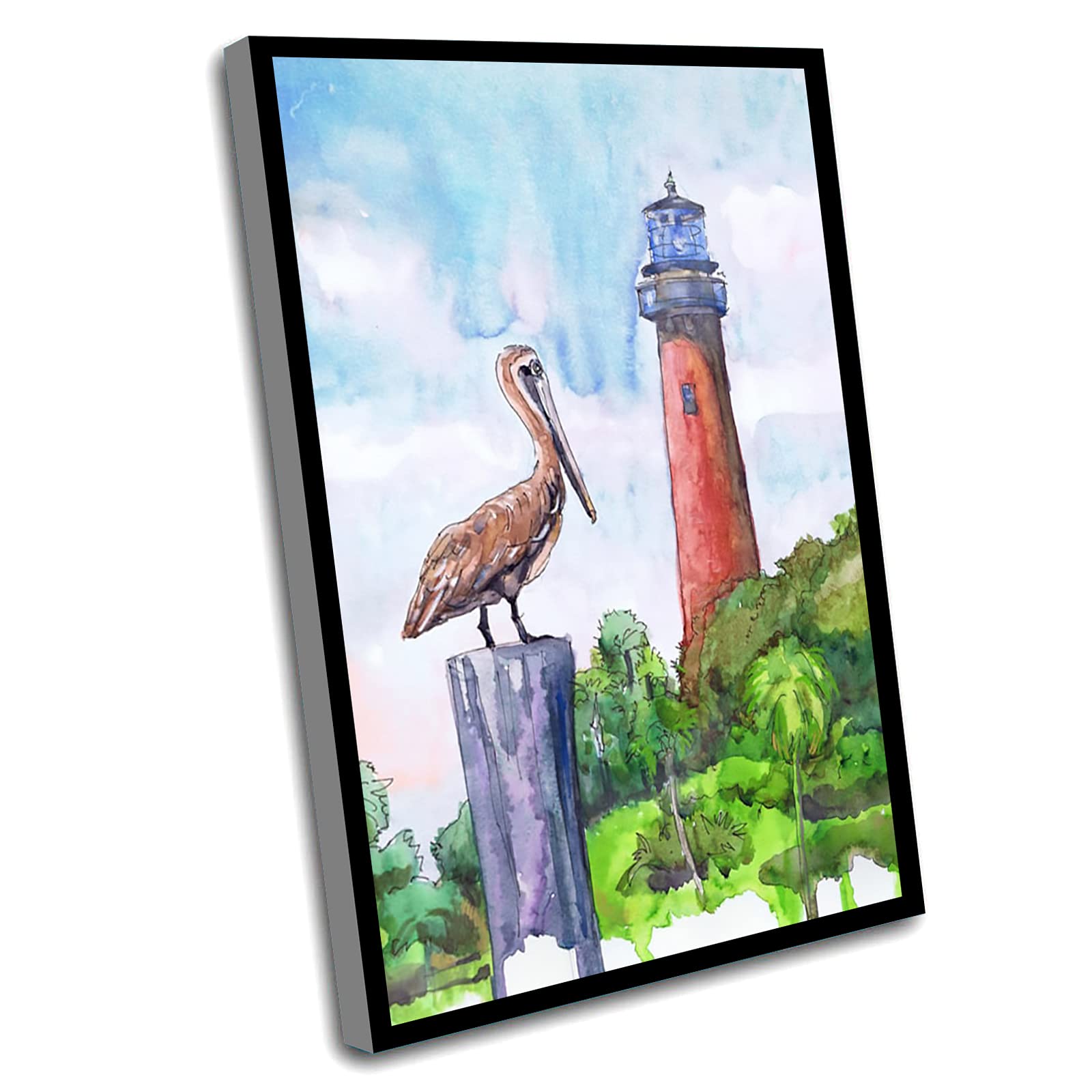 Florida Lighthouse Watercolor Painting - Coastal Wall Art Decor for Bedroom & Office, 16x24 Inch Framed Print of Jupiter Inlet Light | Perfect for Beach House, Coastal Living Room & Nautical Theme Spaces