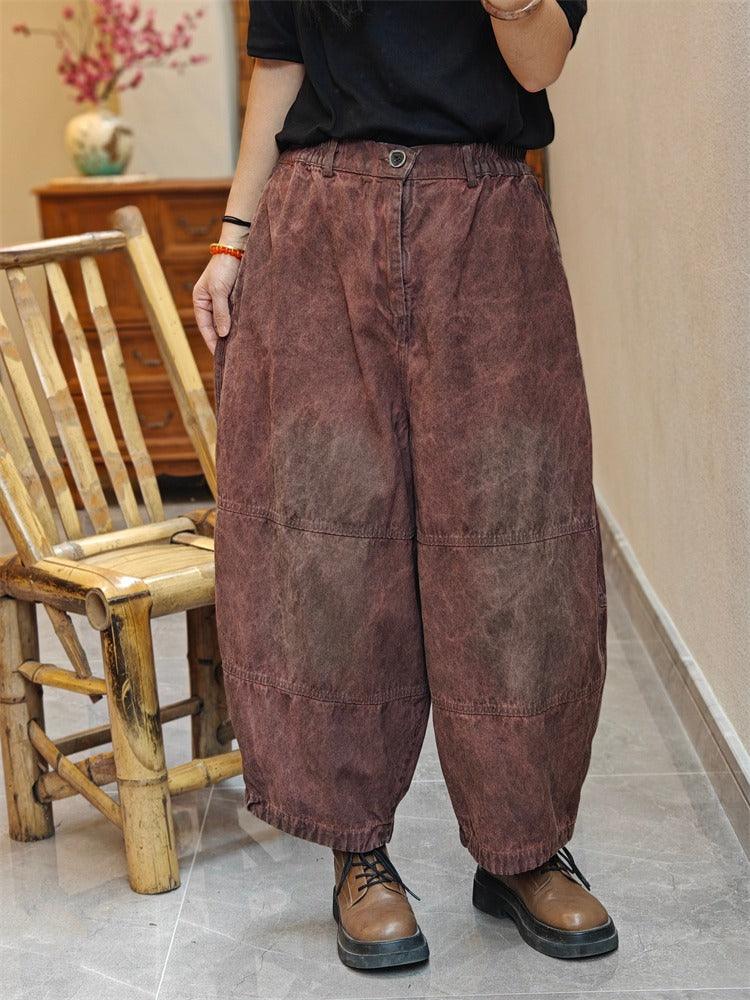 Vintage Style Women's Stretch Denim Tapered Harem Pants - Comfortable Elastic Waist for Casual Wear, Lounge & Boho Fashion