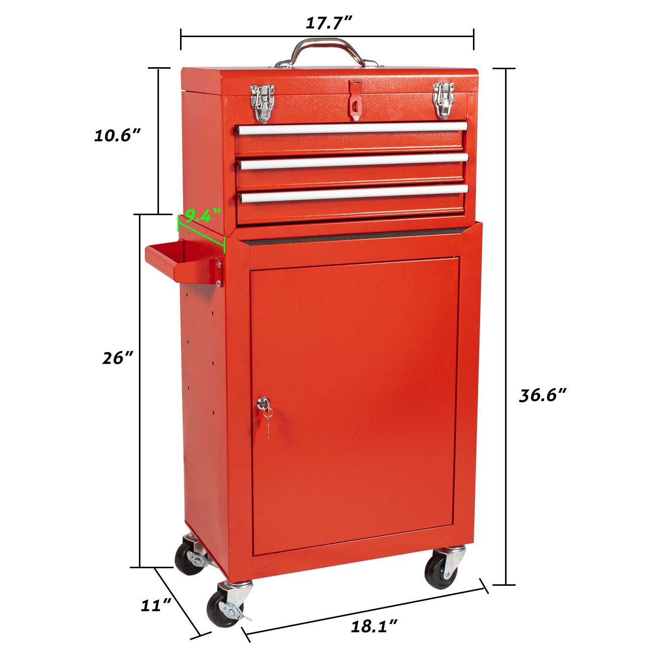 X&T 2-Piece Rolling Tool Chest Set - Heavy Duty Metal Tool Box with 4 Wheels & 3 Lockable Drawers, Portable Garage Workshop Storage Cabinet for Mechanics & DIY (Red) - Perfect for Home Garage, Auto Repair Shops & Construction Sites