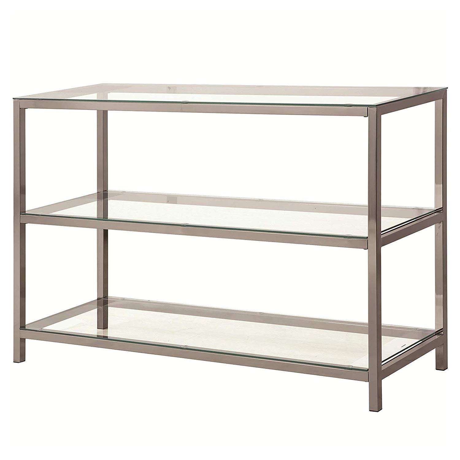 Benjara Modern Glass and Metal Sofa Table with 2 Open Shelves - Silver & Clear Finish - Perfect for Living Room, Entryway or Behind Couch Console Table