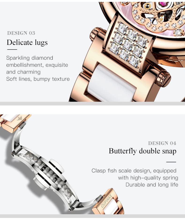 OUPINKE Women's Automatic Diamond Watch - Elegant Skeleton Mechanical Self-Winding Waterproof Luminous Dress Watch for Women | Perfect Gift for Her, Office Wear & Special Occasions