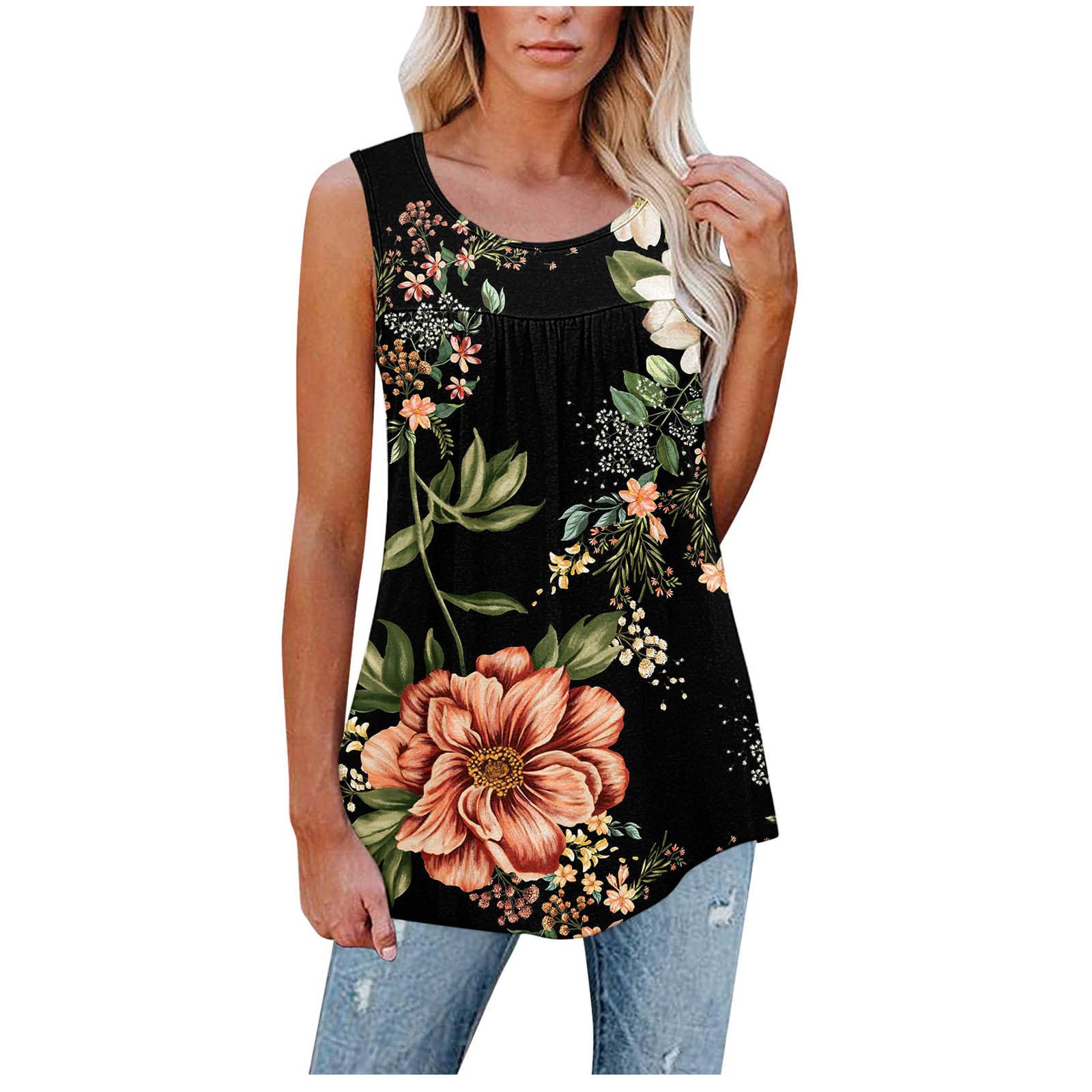 Women's Floral Print Tunic Tank Top - Summer Sleeveless Blouse with Ruffle Detail, Loose Flowery T-Shirt for Casual Wear, Beach Outfits & Vacation Style