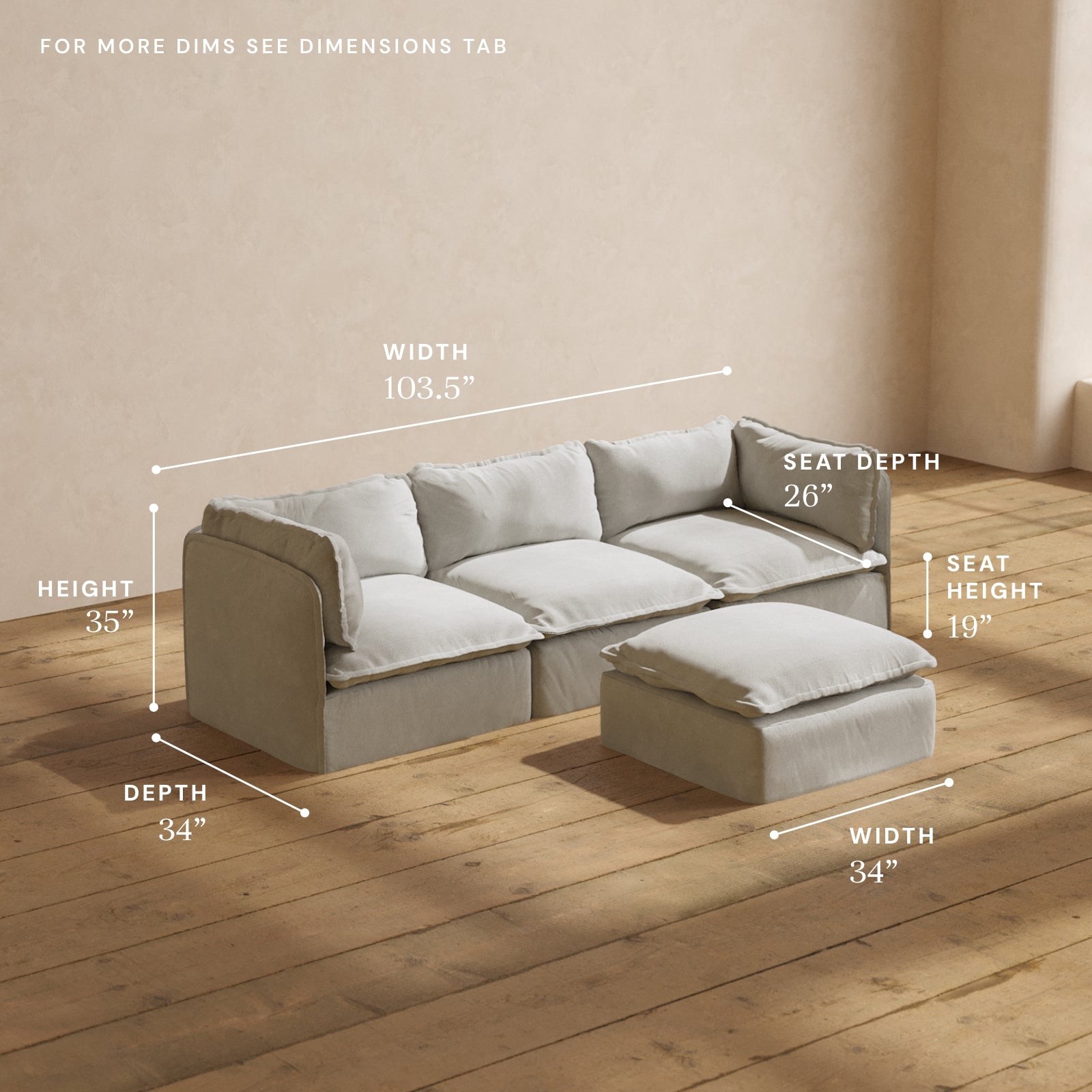 Modular Performance 3-Seater Sofa with Ottoman in Cloud Color - Modern Sectional Couch for Living Room | Relaxed Blend Fabric | Perfect for Family Gatherings & Movie Nights
