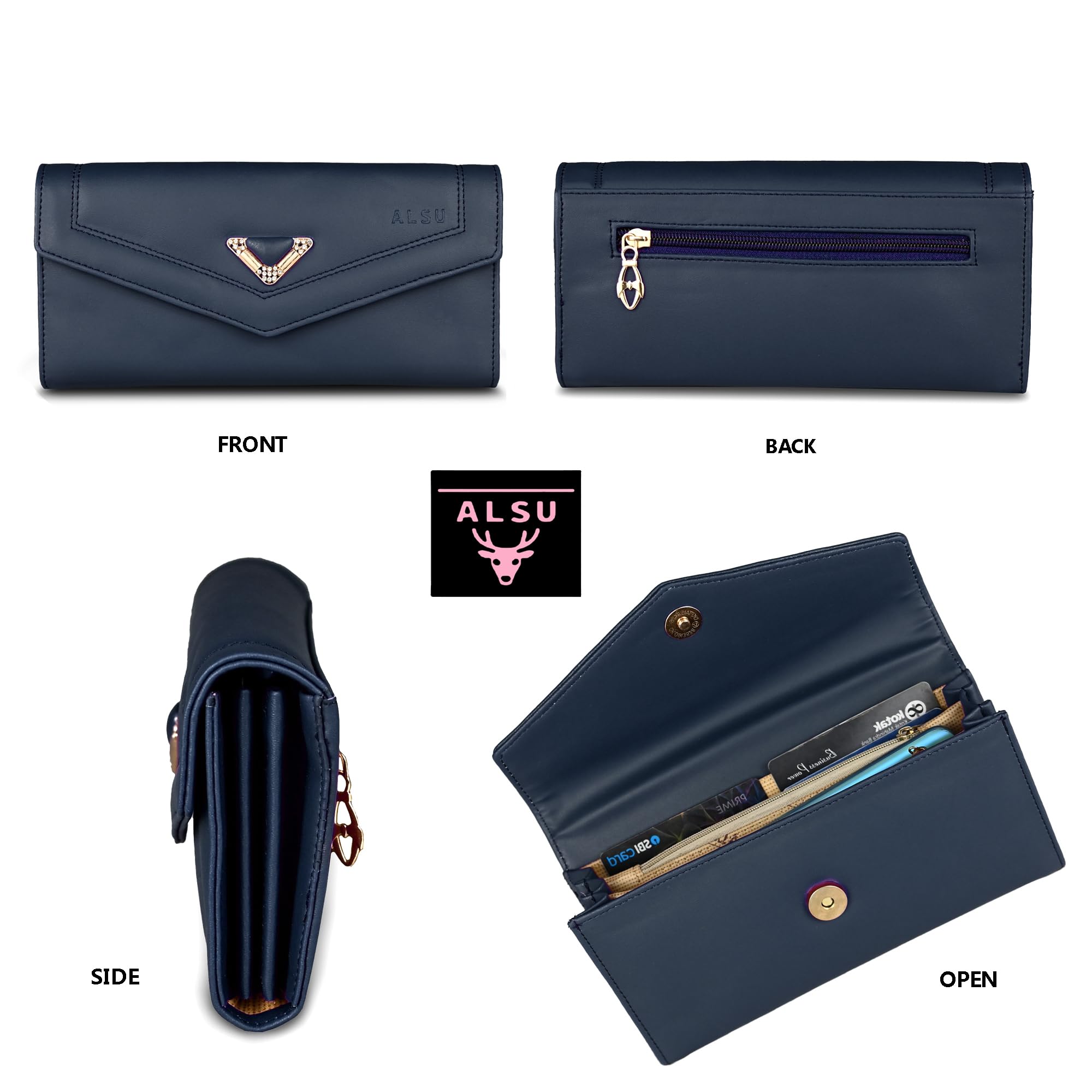 ALSU Women's Wallet with Phone Pocket & Card Slots - Stylish Clutch Purse for Cash, Coins, and Credit Cards | Perfect for Parties, Shopping, and Everyday Use (Blue)