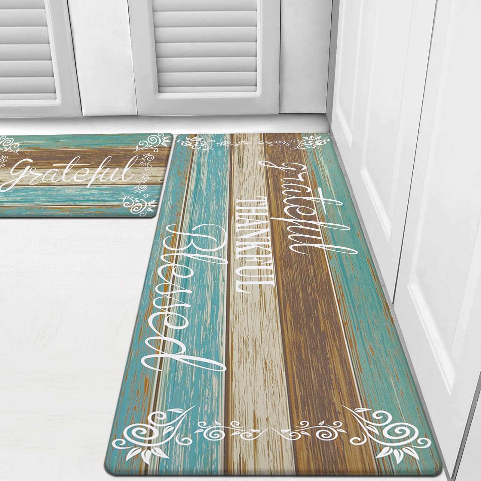 HEBE Anti-Fatigue Kitchen Mat Set of 2 - Non-Slip Cushioned Floor Mats for Standing, Waterproof Farmhouse Style - Perfect for Kitchen Sink, Office & Laundry Areas - Comfortable Standing Desk Mat for Long Hours