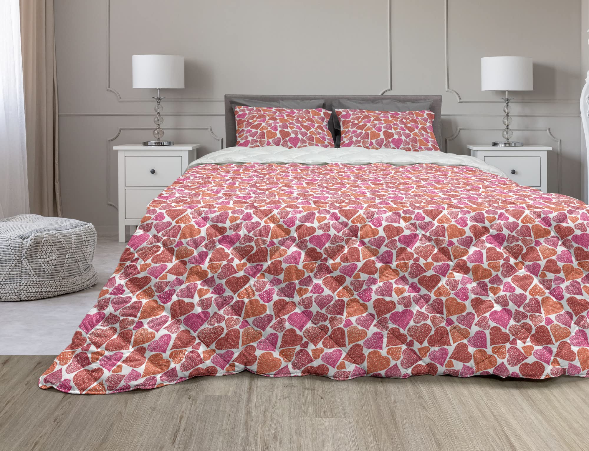 Ambesonne Romantic 3-Piece Queen Comforter Set with Microfiber Filling | Valentine's Day Theme Hand-Drawn Heart Design in Magenta & Red | Perfect for Couples Bedroom, Anniversary Gift & Romantic Getaway Decor