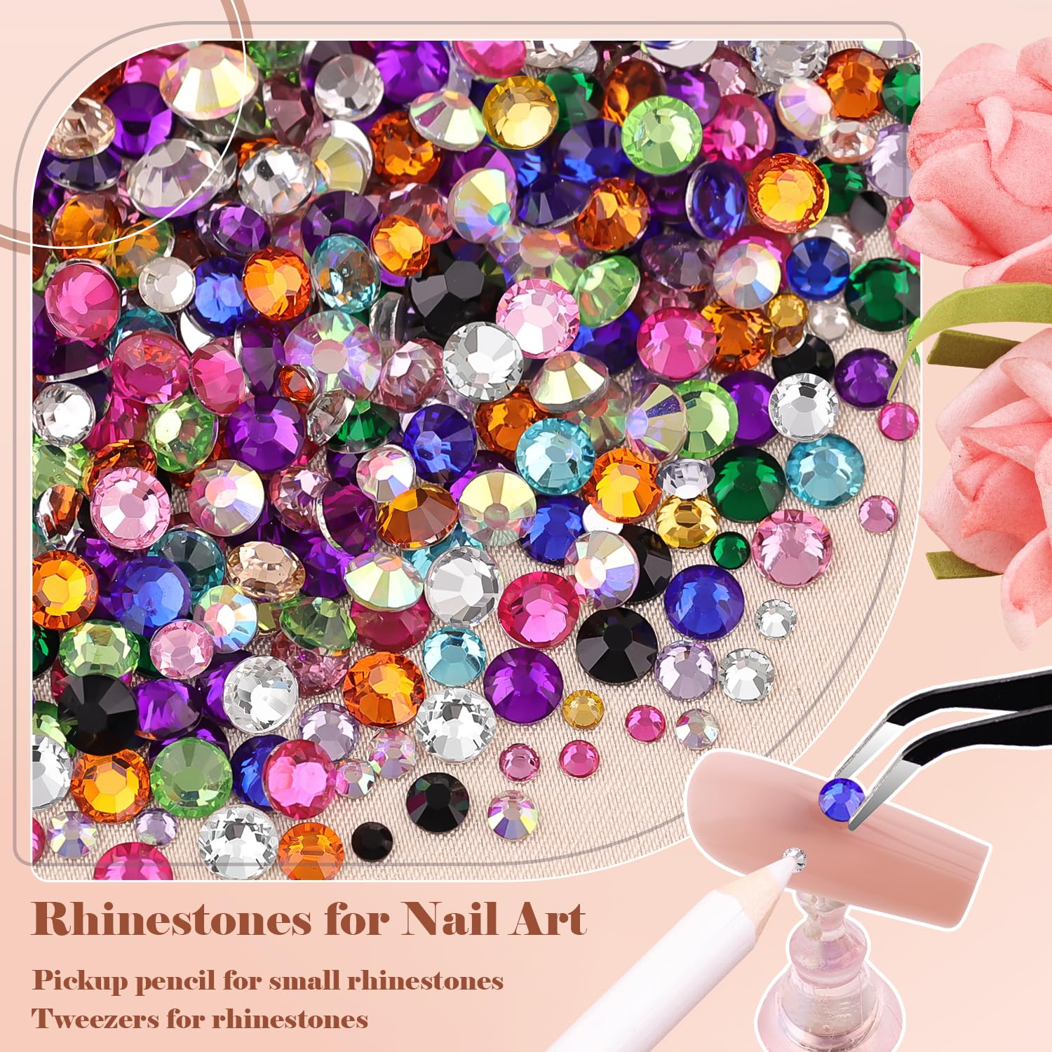 Nail Art Rhinestone Glue Gel Kit - 15ml Rhinestone Adhesive + 2 Boxes Flatback Gems (Colorful & Clear AB Crystals) with Pickup Tools | Perfect for DIY Nail Designs, Manicures, and Professional Nail Salons