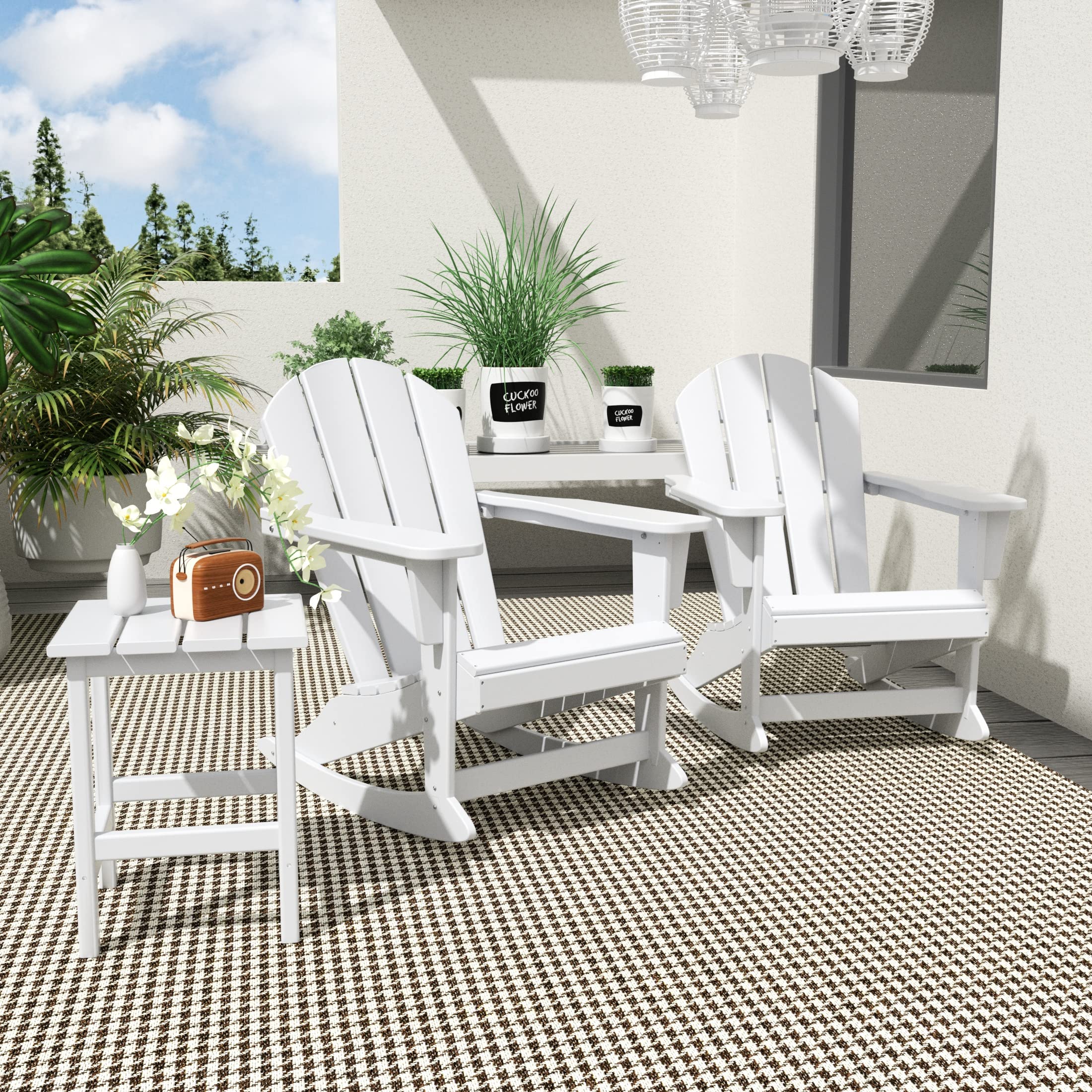 WO Home Furniture 3-Piece Patio Rocking Chair Set - Classic HDPE Outdoor Rocking Chairs for Porch, Garden & Backyard (White) - Perfect for Relaxing, Sunbathing & Outdoor Gatherings