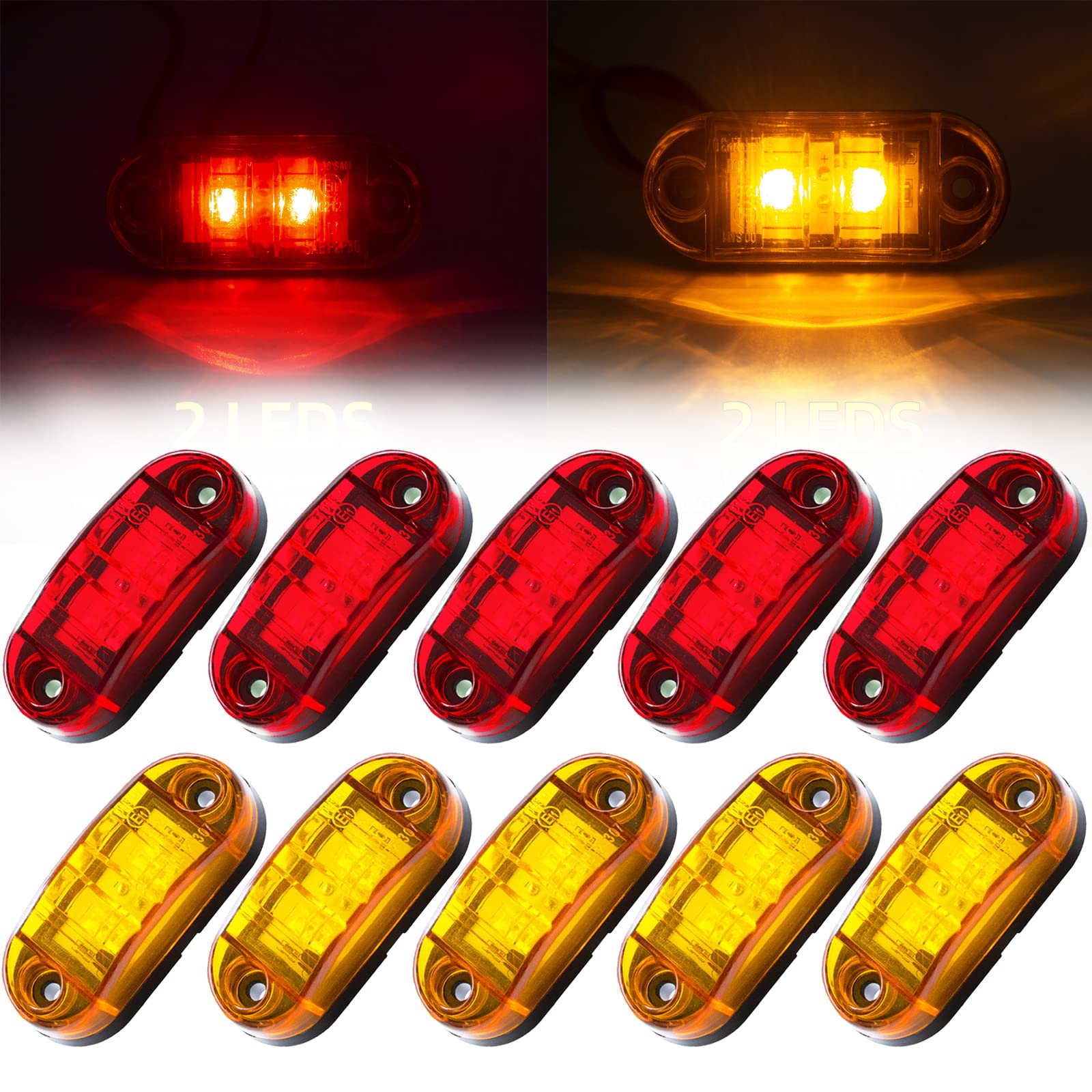 (5pcs Amber, 5pcs Red) 2.5 Inch 2 Diode LED Trailer Marker Lights - Waterproof Oval Side Running Lights for Trucks, RVs, Lorries, Pickups & Campers - Perfect for Night Driving and Road Safety