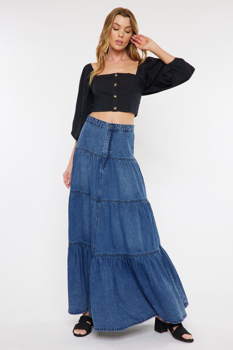 Thalia Maxi Denim Skirt for Women - High Waisted Long Denim Skirt with Side Slits, Vintage Blue Jeans Skirt - Perfect for Casual Outfits, Summer Dresses & Boho Style