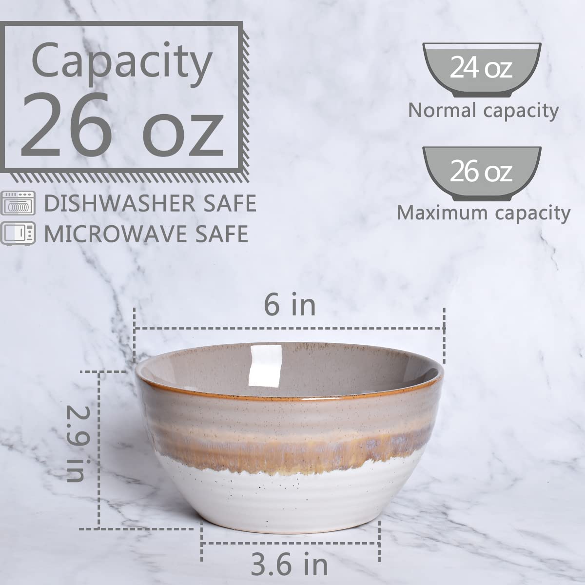 Bosmarlin 26 Oz Ceramic Cereal Bowl Set of 4 - Microwave & Dishwasher Safe Soup Bowls for Oatmeal, Salad, Pasta - Reactive Glaze Brown (6 Inch) - Perfect for Breakfast, Family Dinners & Restaurant-Style Serving