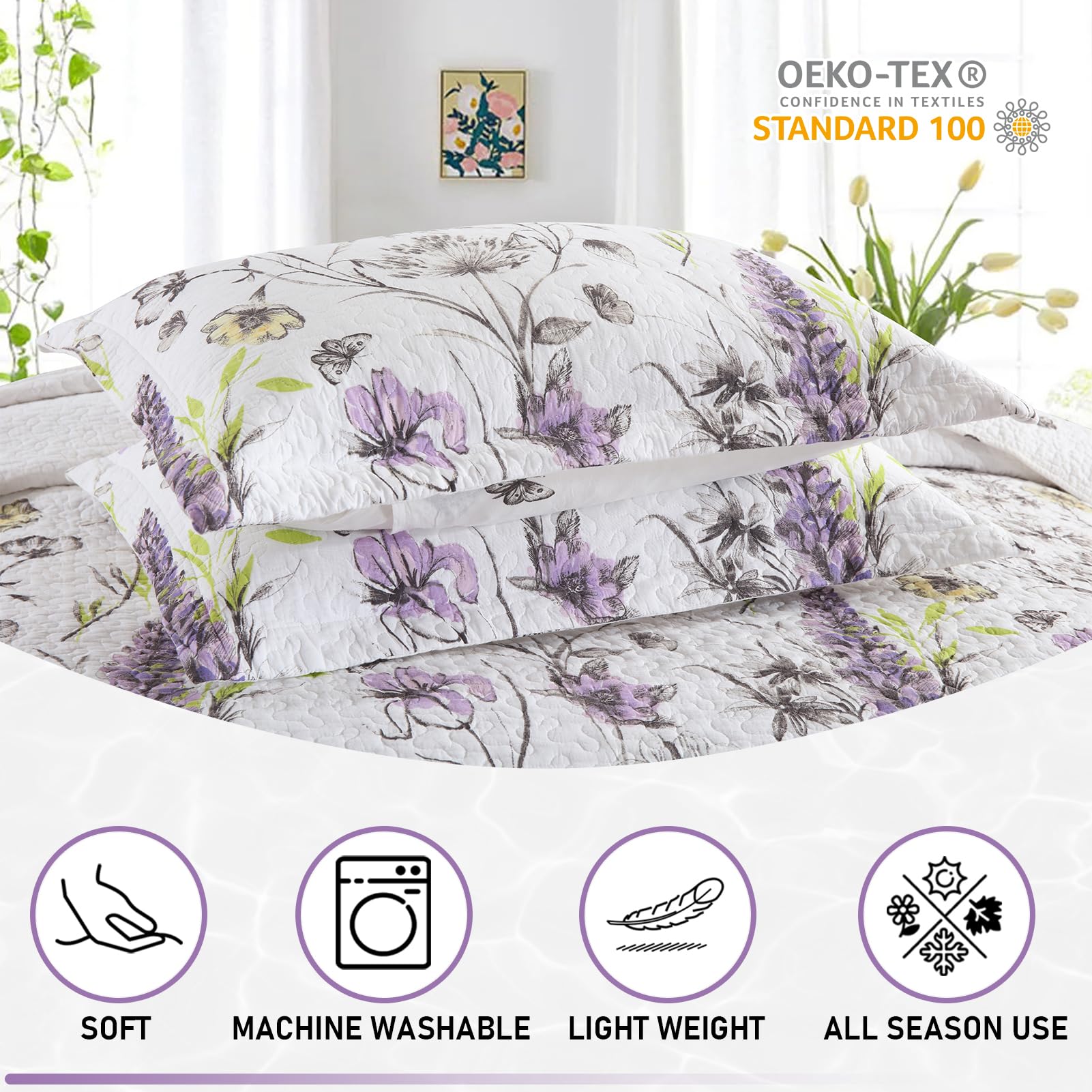 KALOOLA 100% Cotton Reversible King Size Quilt Set - 3 Piece Floral Botanical Bedspread with Purple Flowers, Lightweight All Season Coverlet | Perfect for Spring Bedding, Master Bedroom Decor & Guest Room Comfort