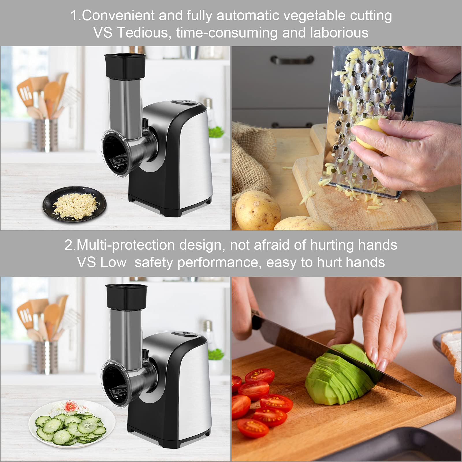 150W 4-in-1 Electric Cheese Grater & Food Shredder - Professional Salad Maker for Fruits, Vegetables, Cheeses - Includes 4 Free Attachments - Perfect for Home Kitchen, Meal Prep & Healthy Cooking